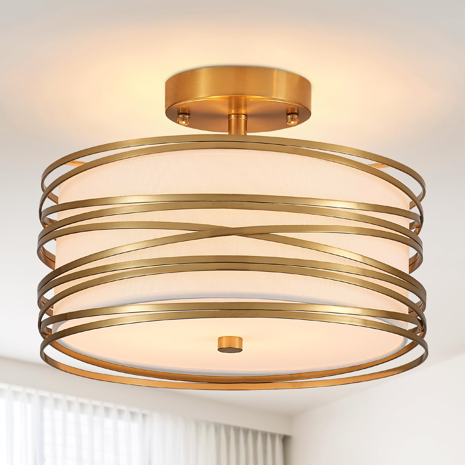 Drum Semi Flush Mount Ceiling Light Fixture Vintage 12.2“ Modern Farmhouse 2-Lights Linen Drum Ceiling Lighting Rustic Drum Golden Ceiling lamp for Dining Room, Bedroom, Laundry Room, Basement