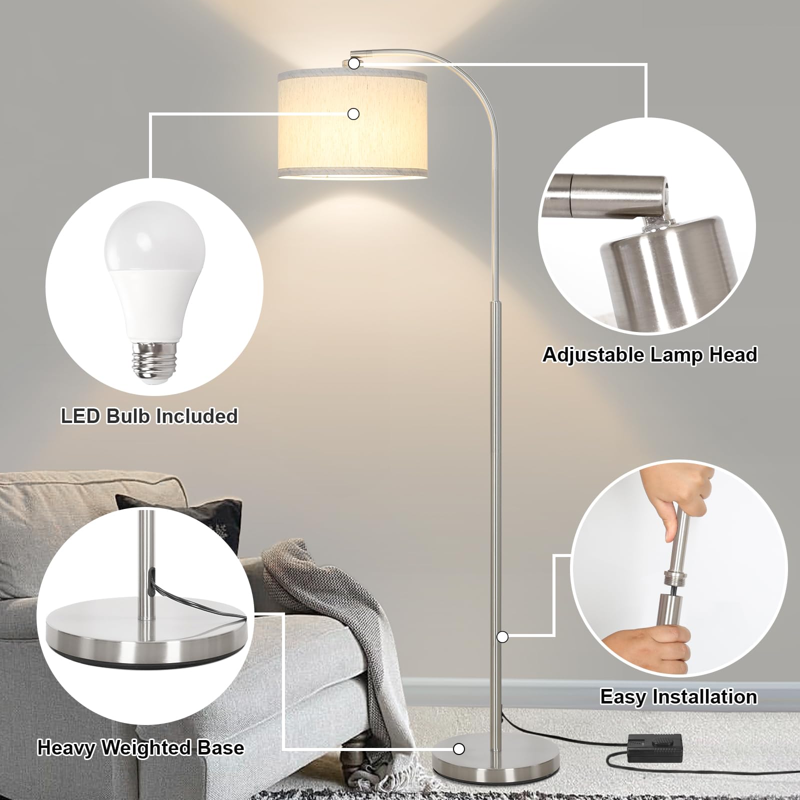 LED Floor Lamp Fully Dimmable Modern Standing Lamp Arc Floor Lamp with Adjustable Drum Shade, Gold Tall Pole Reading Lamp Corner Light for Living Room Bedroom Study Room, Bulb Included