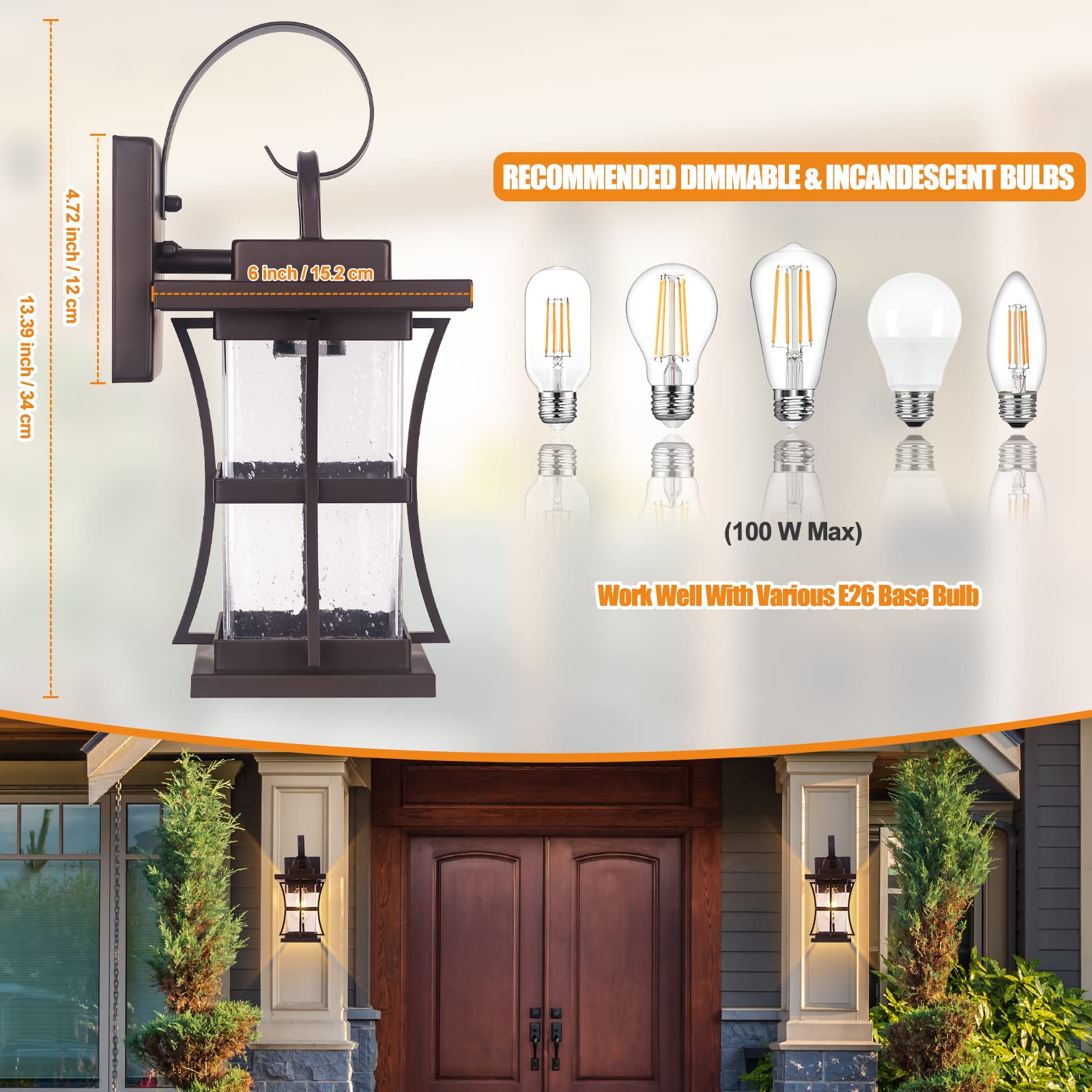 2 Packs Outdoor Wall Light, Oil Rubbed Bronze Exterior Light Fixture Waterproof Porch Sconces Wall Mounted Lighting, Anti-Rust Rustic Wall Sconce for House Garage, Doorway, Front Door Entryway, E26