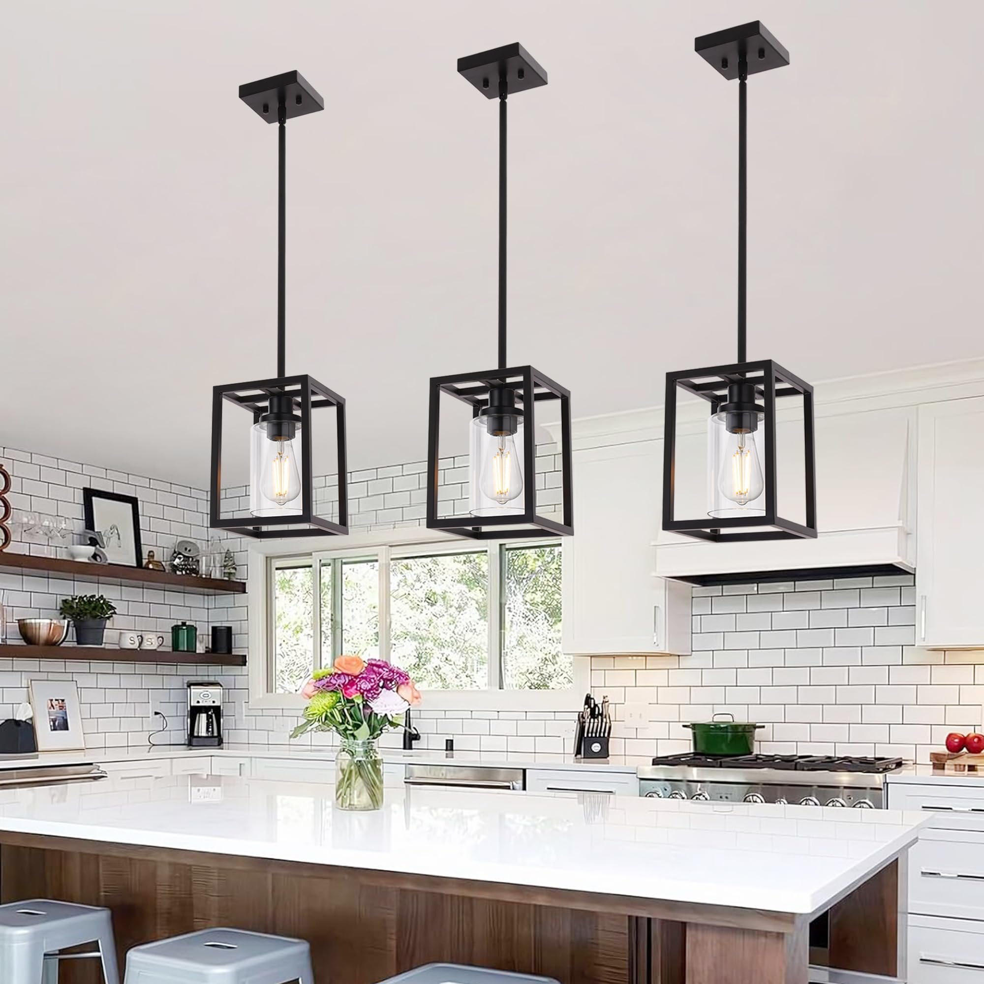 MELUCEE Black Chandeliers Rectangle 5 Lights Dining Room Lighting Fixtures Hanging Over Table, Kitchen Island Lighting Linear Pendant Light Ceiling with Clear Glass Shade and Brushed Brass Socket