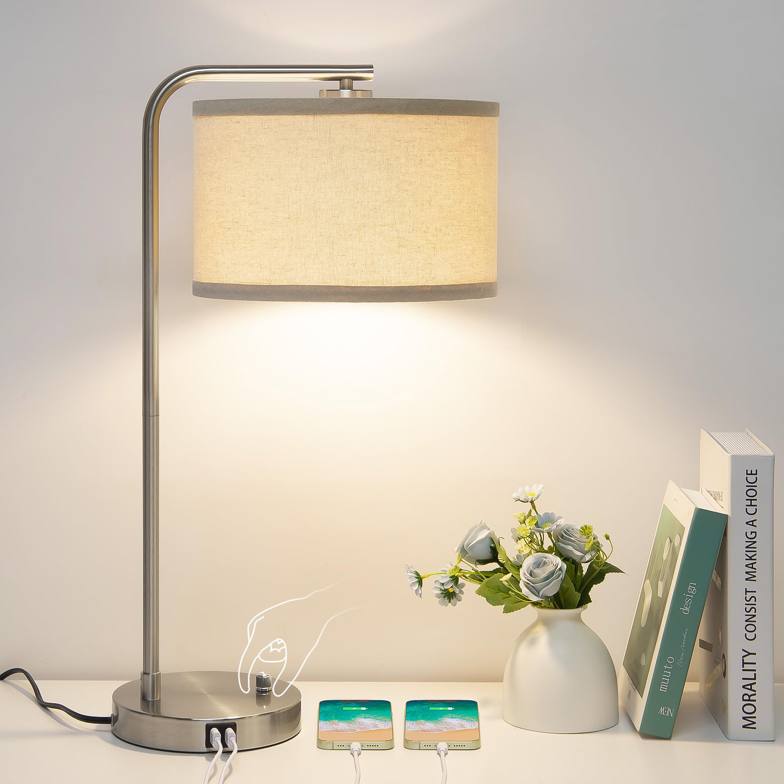 USB Bedside Lamp, Industrial Side Table Lamp with Dual USB Charging Ports, Fully Dimmable Nightstand Lamp, Tall Reading Lamp Desk Lamp for Bedroom, Living Room, Office, 9W LED Bulb Included