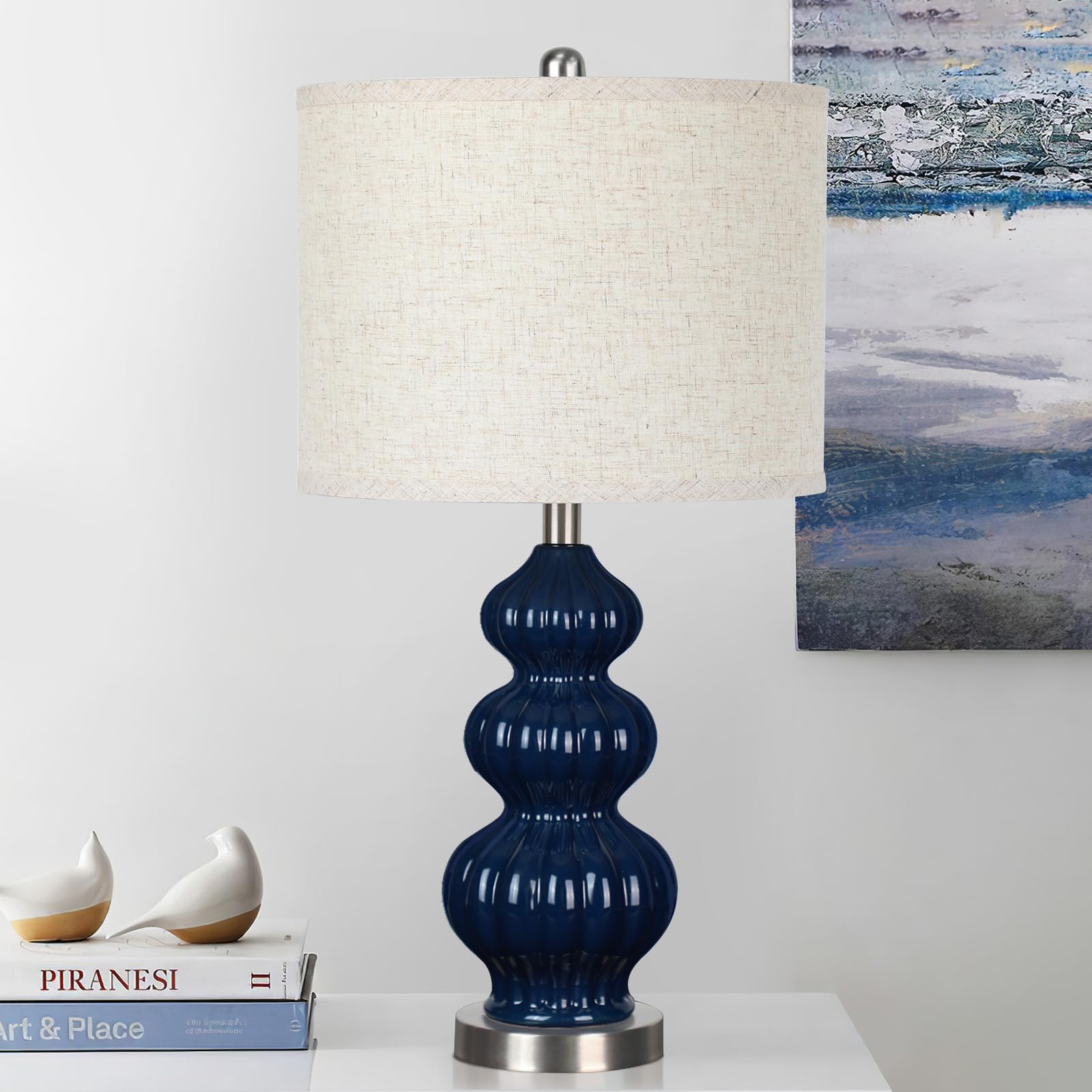 25" Ceramic Table Lamp Navy Blue Triple Gourd Ceramic Lamp Table Lamp Modern Lamp for Bedroom Living Room, 3-Way Dimmable Bulb Included (Blue)