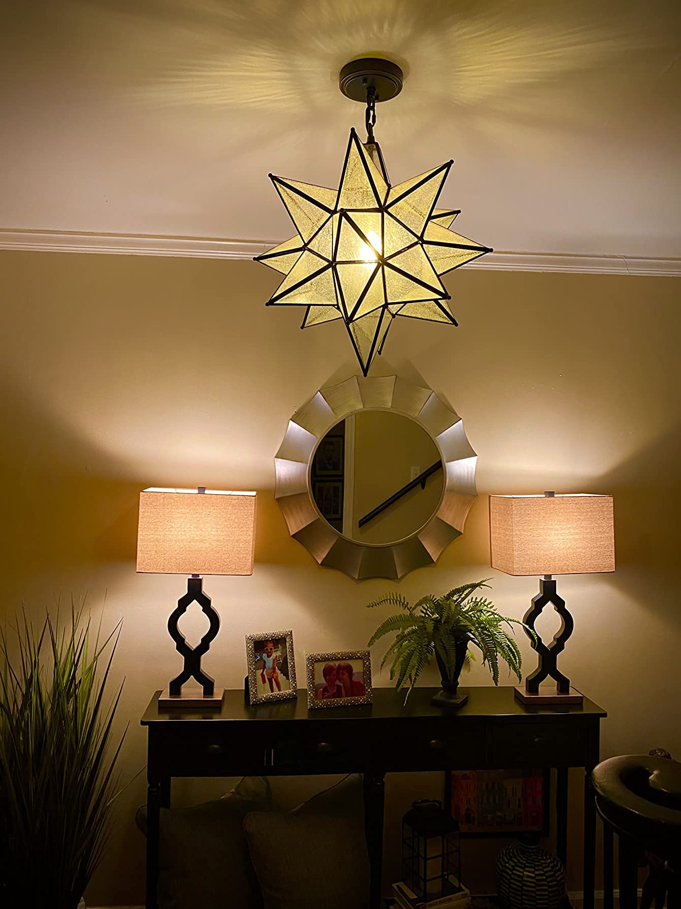 Moravian Star Pendant Light 20-Inch Large Hanging Ceiling Light Modern Gold Finish with Seeded Glass Adjustable Chain