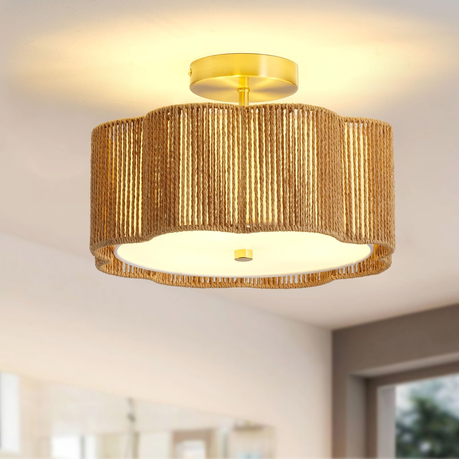 Rattan Ceiling Light Fixtures Flush Mount,3-Light Boho Light Fixtures Ceiling Mount for Bedroom,Close to Ceiling Light Modern Rattan Chandelier Lighting for Hallway Kitchen Dining Room(Yellow)