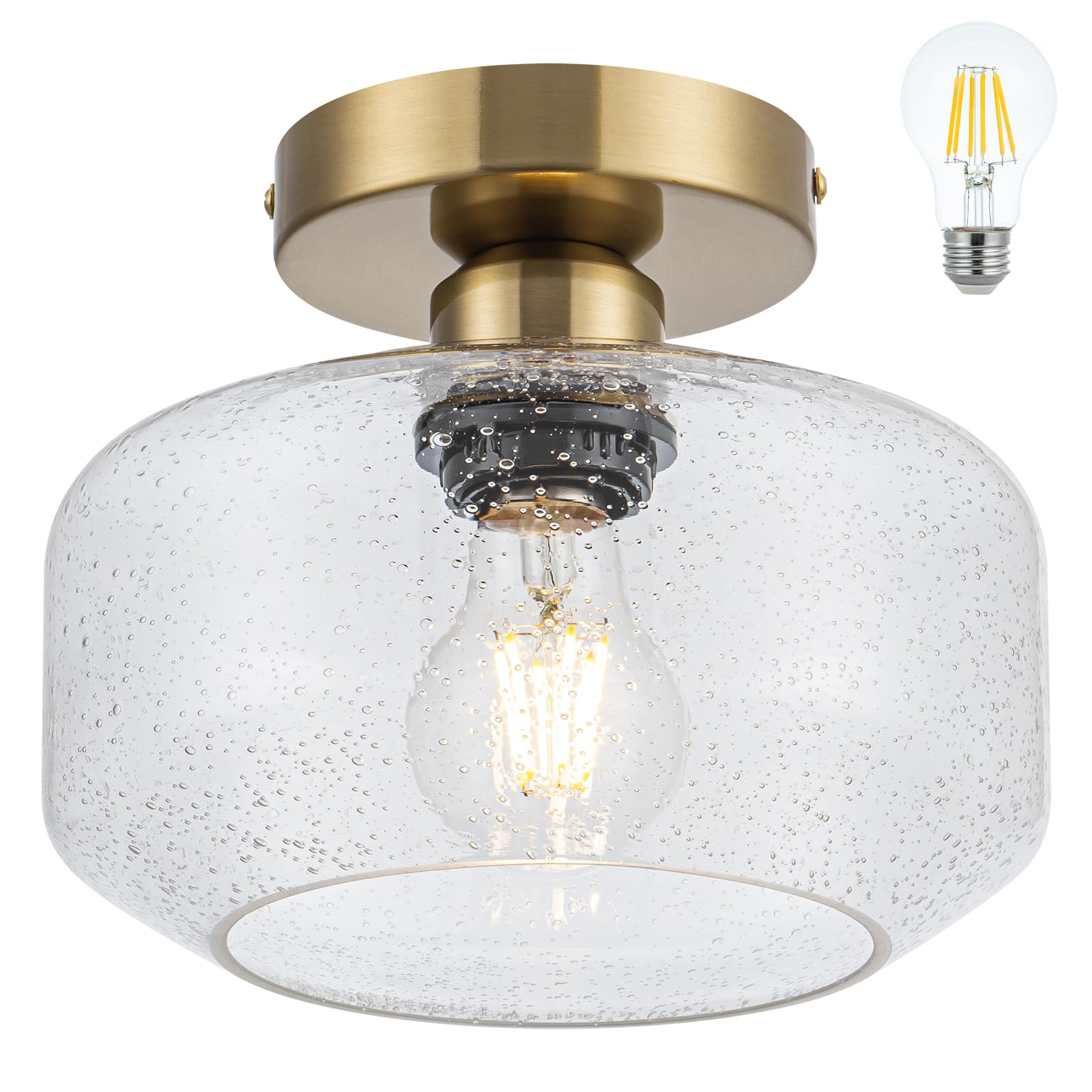 semi Flush Mount Ceiling Light Fixture with Textured Glass Brass Metal Base Includes 1200 lumens LED Bulbs Gold Hallway Light Fixtures Modern Ceiling Light Suitable for entryway Bathroom