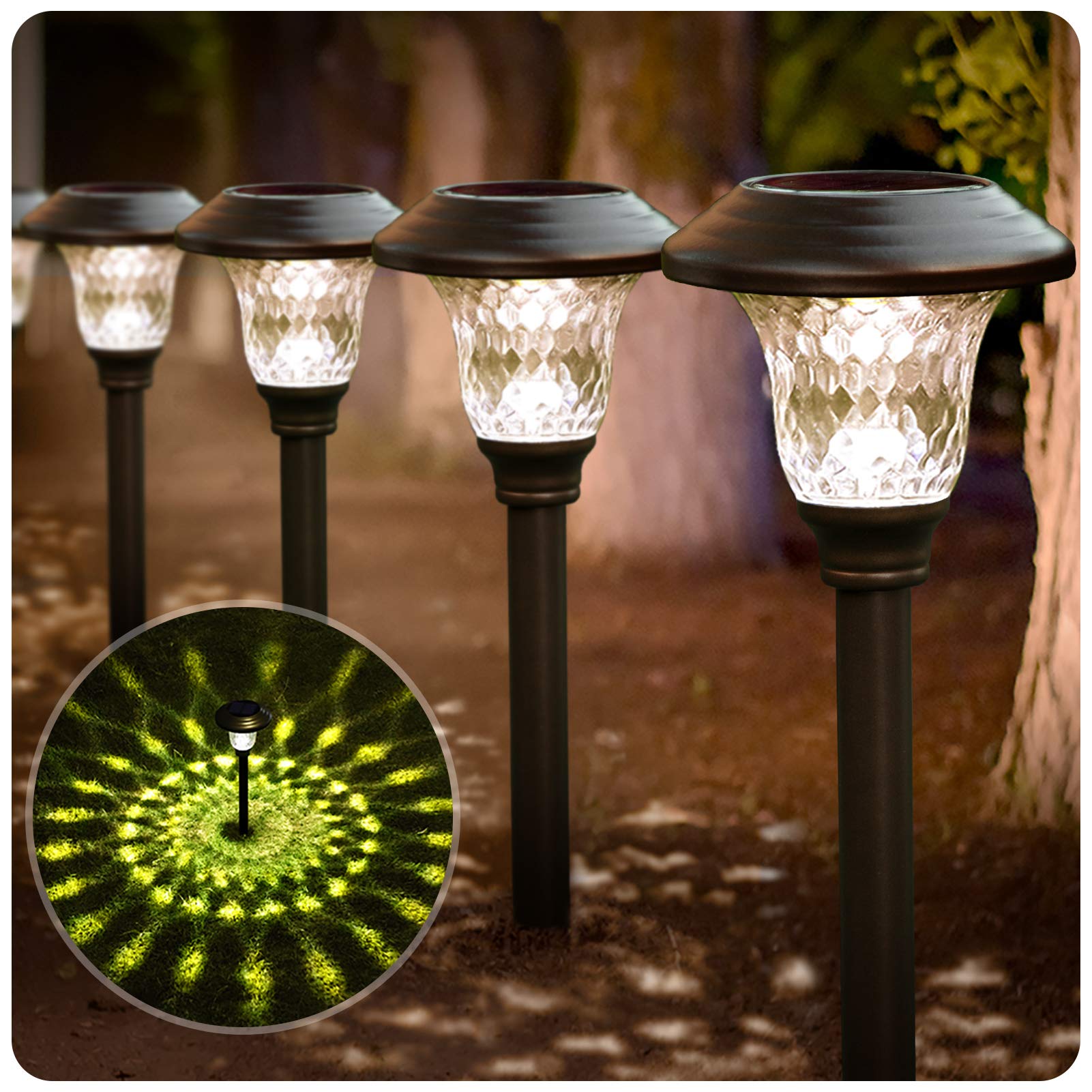 8 Pack Solar Pathway Lights Color Changing + Bright White Outdoor Garden Stake Glass LED Stainless Steel Waterproof Landscape Path Lighting for Yard Walkway Driveway Outside Black