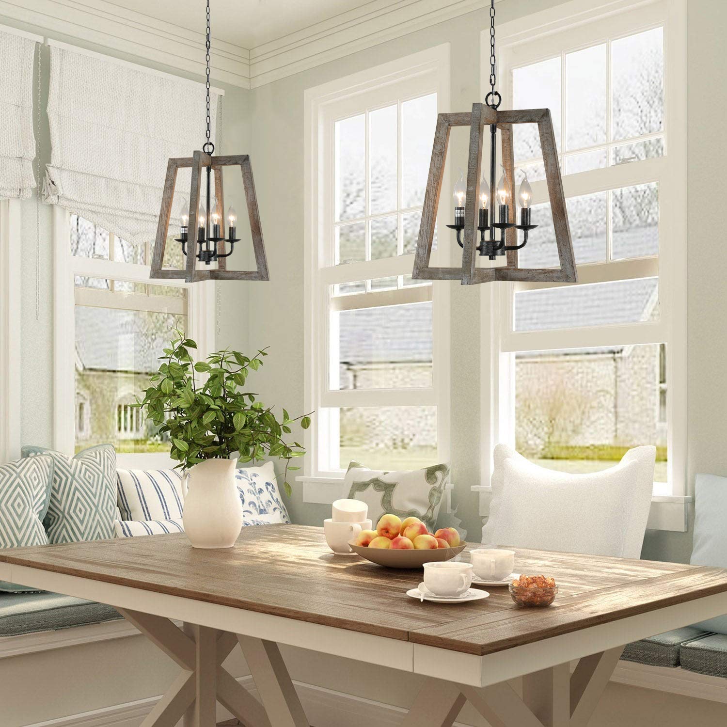 Kitchen Island Light Fixtures Dining Room Distressed White Rectangular Modern Farmhouse Chandelier, 3-Light Metal Rustic French Country Pendant Lighting Ceiling Light Hanging Lamp, No Wood