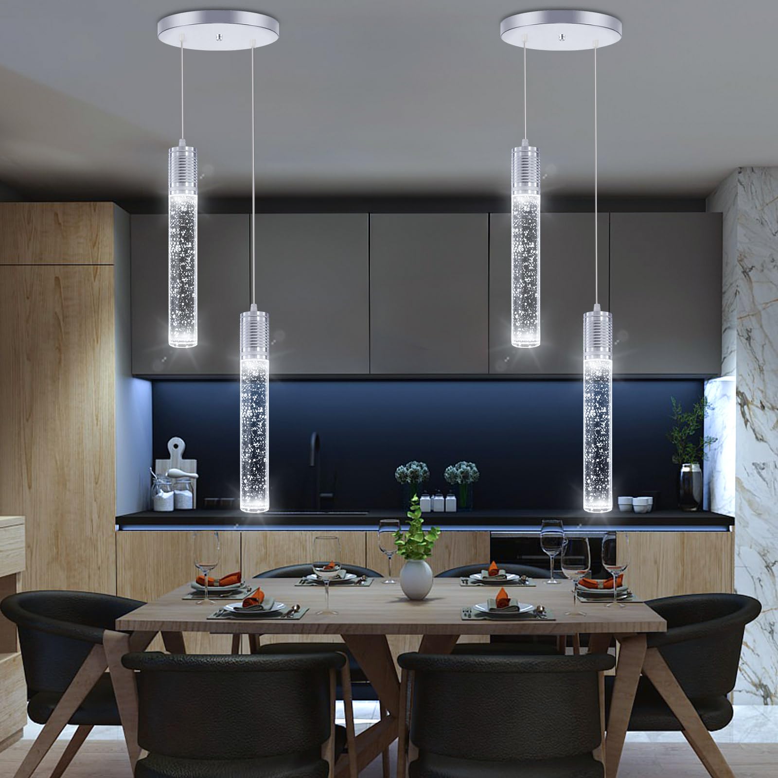 3 Lights Independent Kitchen Island Dining Room Light Pendant Light Fixtures Bubble Crystal Chandeliers Modern Kitchen Island Lighting Chandeliers Fixtures LED Lampara, 6000K LED Bulbs Included