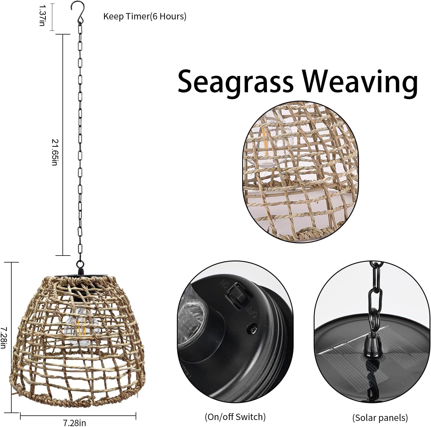 Battery Operated Outdoor Hanging Light Seagrass Woven Waterproof Porch Gazebo Patio Pendant Lantern Chandelier Lighting Decorative Hollow-Out Auto On/Off Warm White Bulb