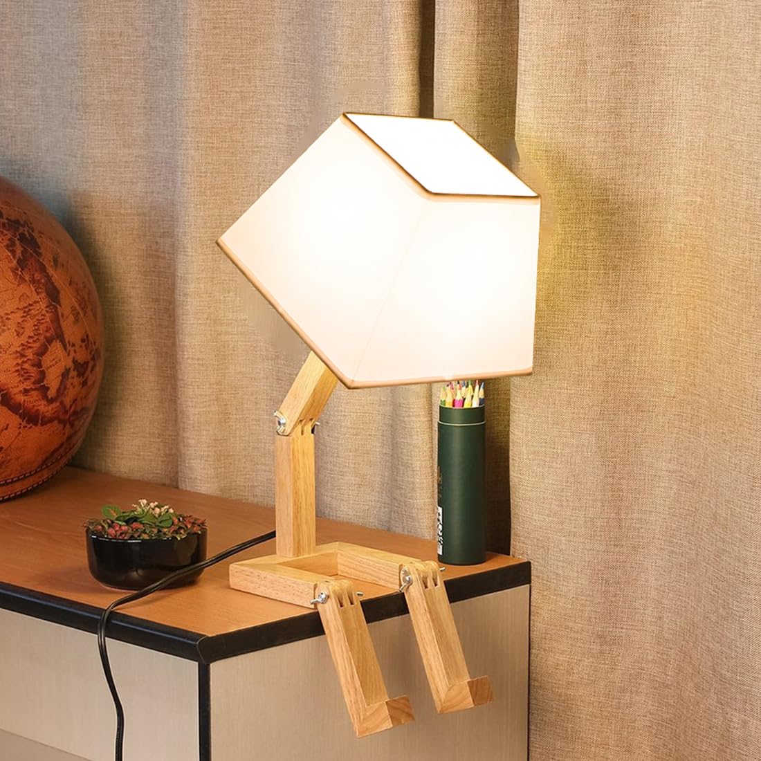 Cute Desk Lamp, Dimmable Robot Table Lamps, Wood Bedside Lamps Nightstand Lamp for Bedroom, Study, Office, Living Room