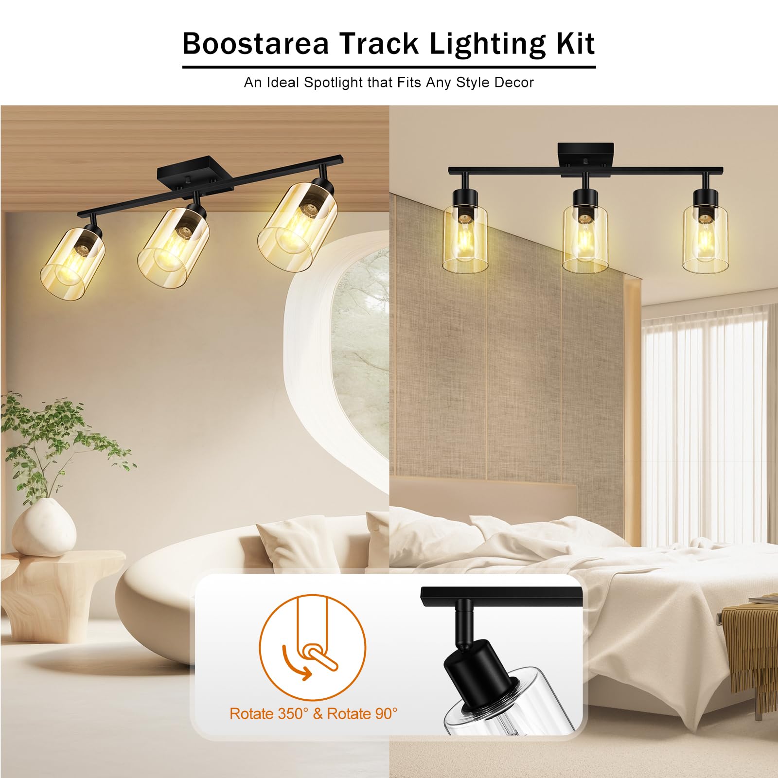 LED 4 Light Track Lighting Kit, 4 Way Ceiling Spot Lighting with Glass Lampshade, Flexibly Rotatable Light Head for Kitchen, Living Room, Bedroom, Bulb Not Included