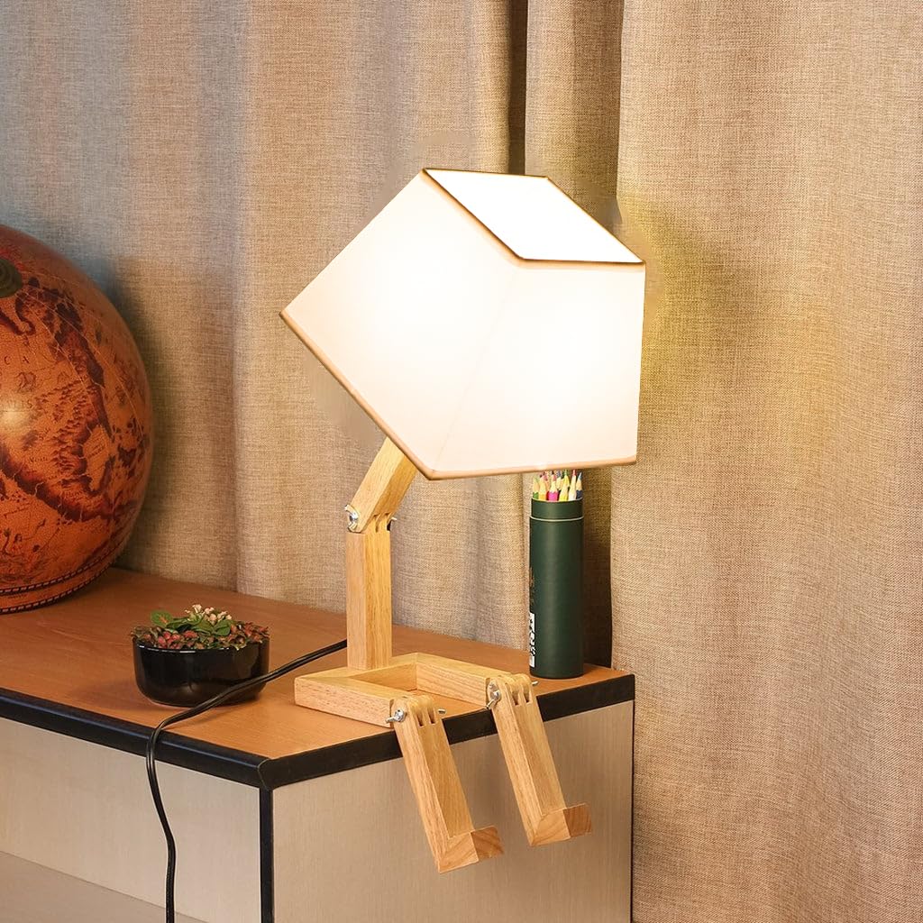 Cute Desk Lamp, Dimmable Robot Table Lamps, Wood Bedside Lamps Nightstand Lamp for Bedroom, Study, Office, Living Room