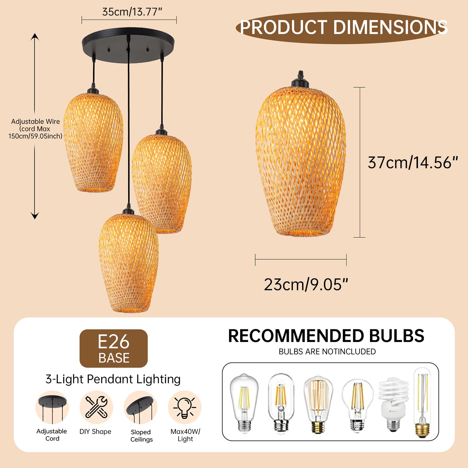 Rattan Pendant Light Bamboo Hanging Light 3-Lights Boho Pendant Light Fixture Woven Basket Wicker Shade Rattan Chandelier for Living Room Dining Room Kitchen