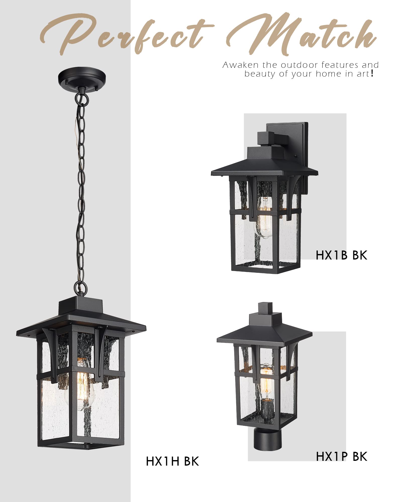 Outdoor Pendant Lights for Porch, HWH Exterior Hanging Porch Light, Farmhouse Outdoor Pendant Lighting with Height Adjustable Chain, Seeded Glass Shade, Matte Black Finish with Gold Edge, 5HX62H BG