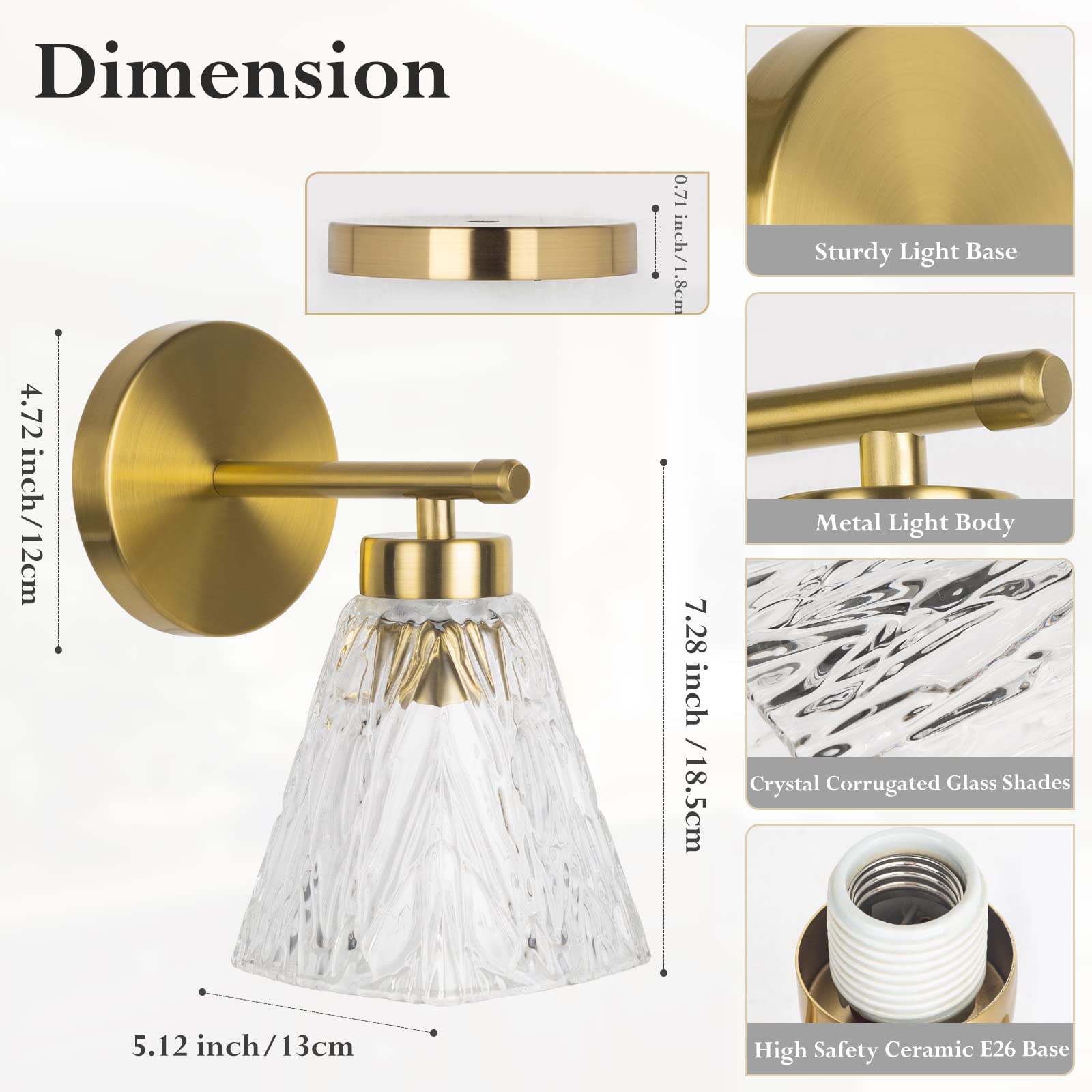 Gold Wall Sconces Set of 2 - Modern Sconces Wall Lighting with Water Rippled Glass Shades, Mid Century Gold Vanity Light Brass Bathroom Light Fixtures Over Mirror for Bedroom Porch Indoor