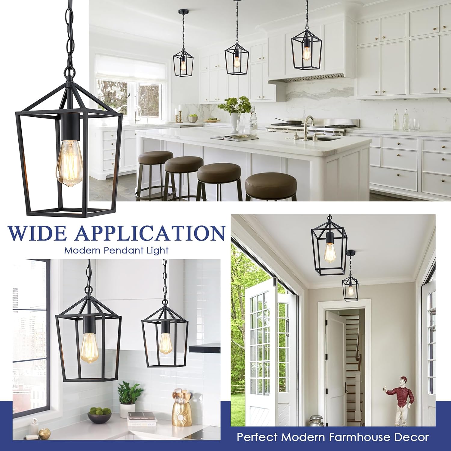 2-Pack Farmhouse Pendant Lights Kitchen Island, Black Pendant Light Fixtures Hanging Lamp for Kitchen, Modern Kitchen Pendant Lighting Over Island, Metal Cage Design, Sloped Ceiling Adaptable