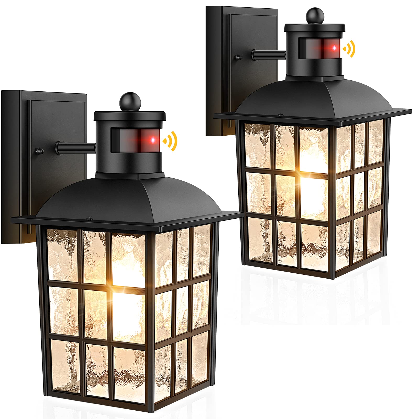 2-Pack Outdoor Wall Lantern, Exterior Light Fixtures Wall Mount with Photocell Sensor, Black Wall Light Waterproof, Waterfall Glass Outside Wall Sconce for Porch House Garage