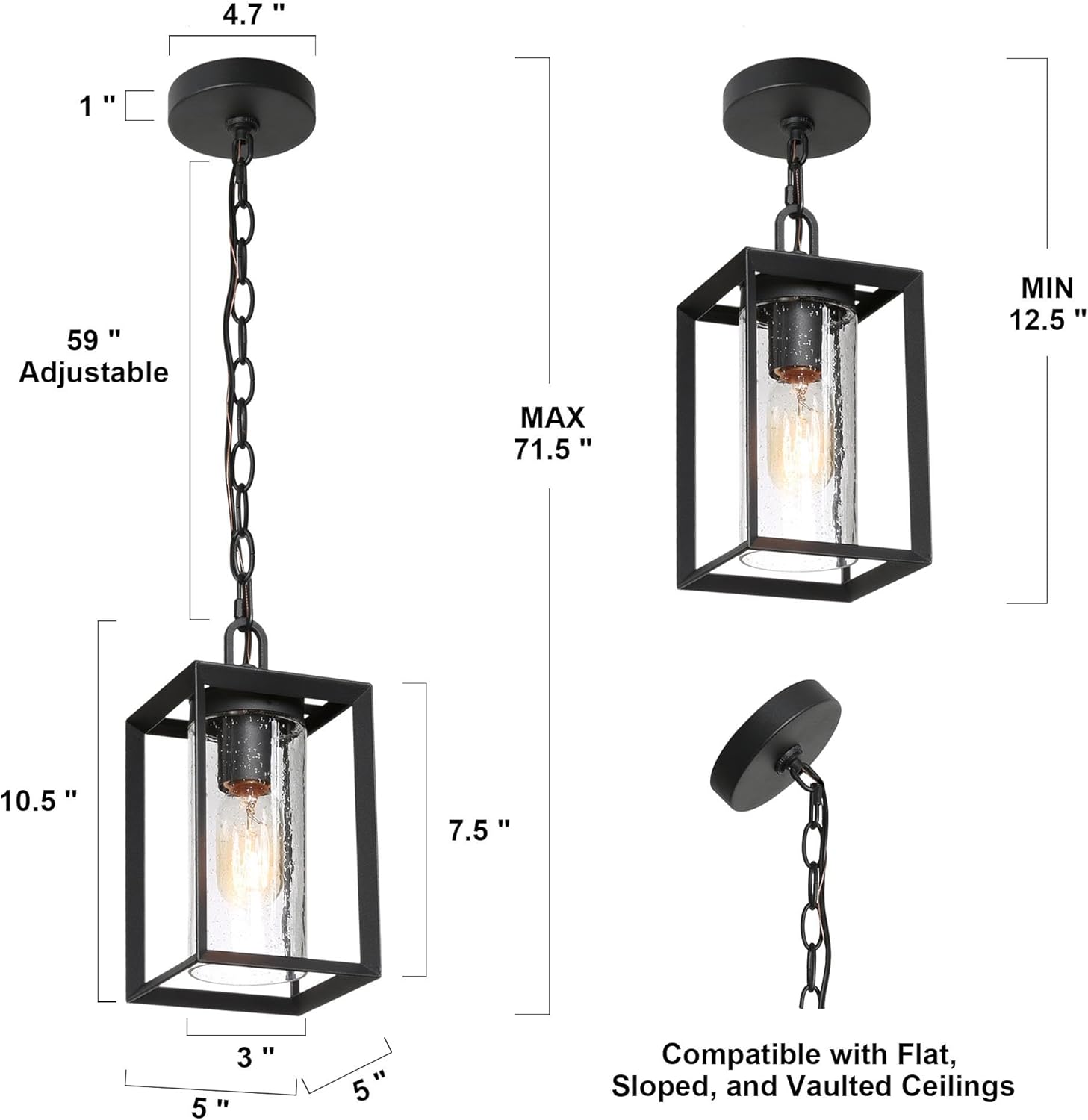 Outdoor Pendant Light, Black Outdoor Pendant Lights for Porch Exterior Hanging Light Fixture Anti-Rust Rectangle Porch Lights Pendant Lighting with Seeded Glass