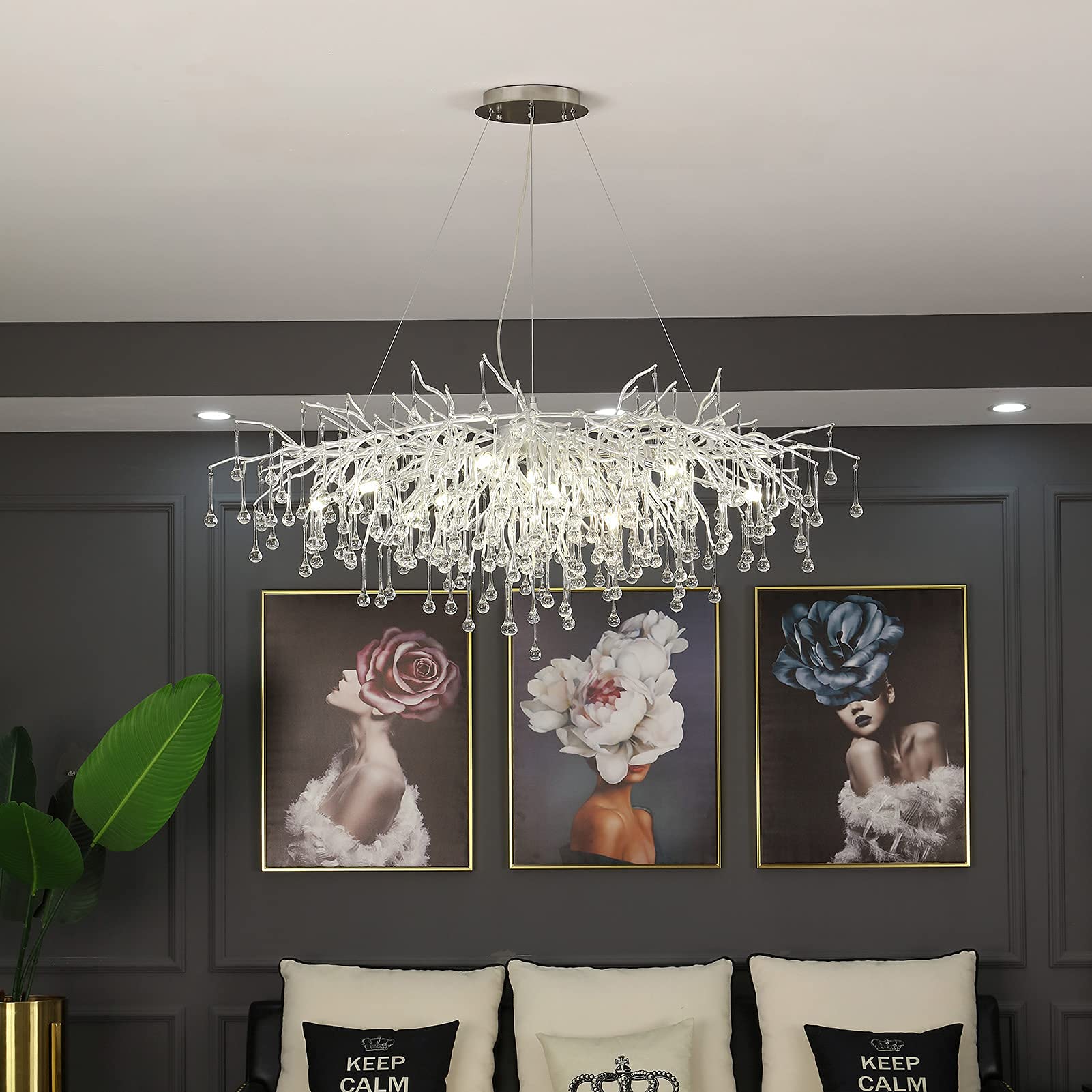 Black Crystal Chandelier, Modern Ceiling Pendant Flower Hanging Lighting Frosted Tree Branch Raindrop Chandelier Light Fixture for Dining Room, Living Room, Bedroom, Entryway (Dia 24" Round)