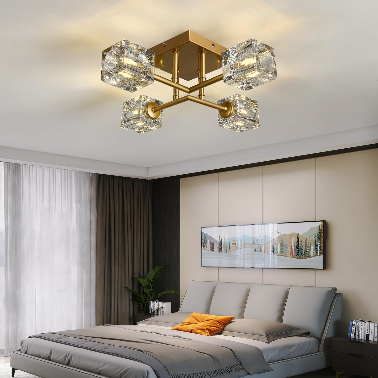 Vintage Gold Semi Flush Mount Ceiling Light 8-Light Glass Sputnik Chandeliers Mid Century Modern Crystal Ceiling Light Fixture for Living Room Dining Room Bedroom Kitchen Foyer