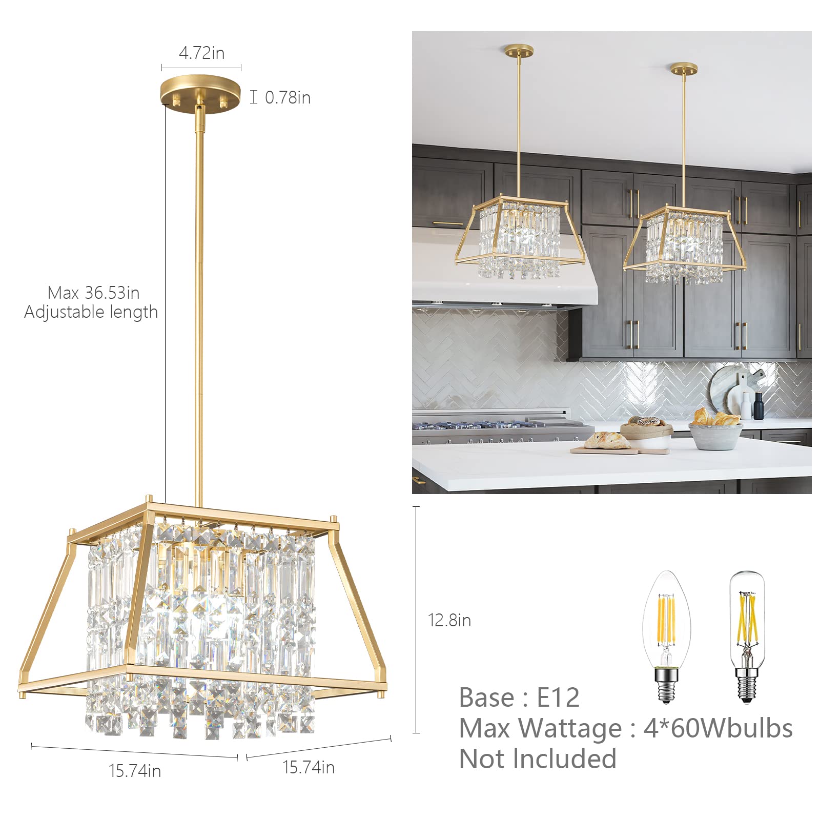 4-Light Dining Room Light Fixture 11.81 inch Square Lndustrial Farmhouse Chandelier Gold Metal Crystal Pendant Light for Kitchen Island Dining Room Living Room Flat and Inclined Ceiling