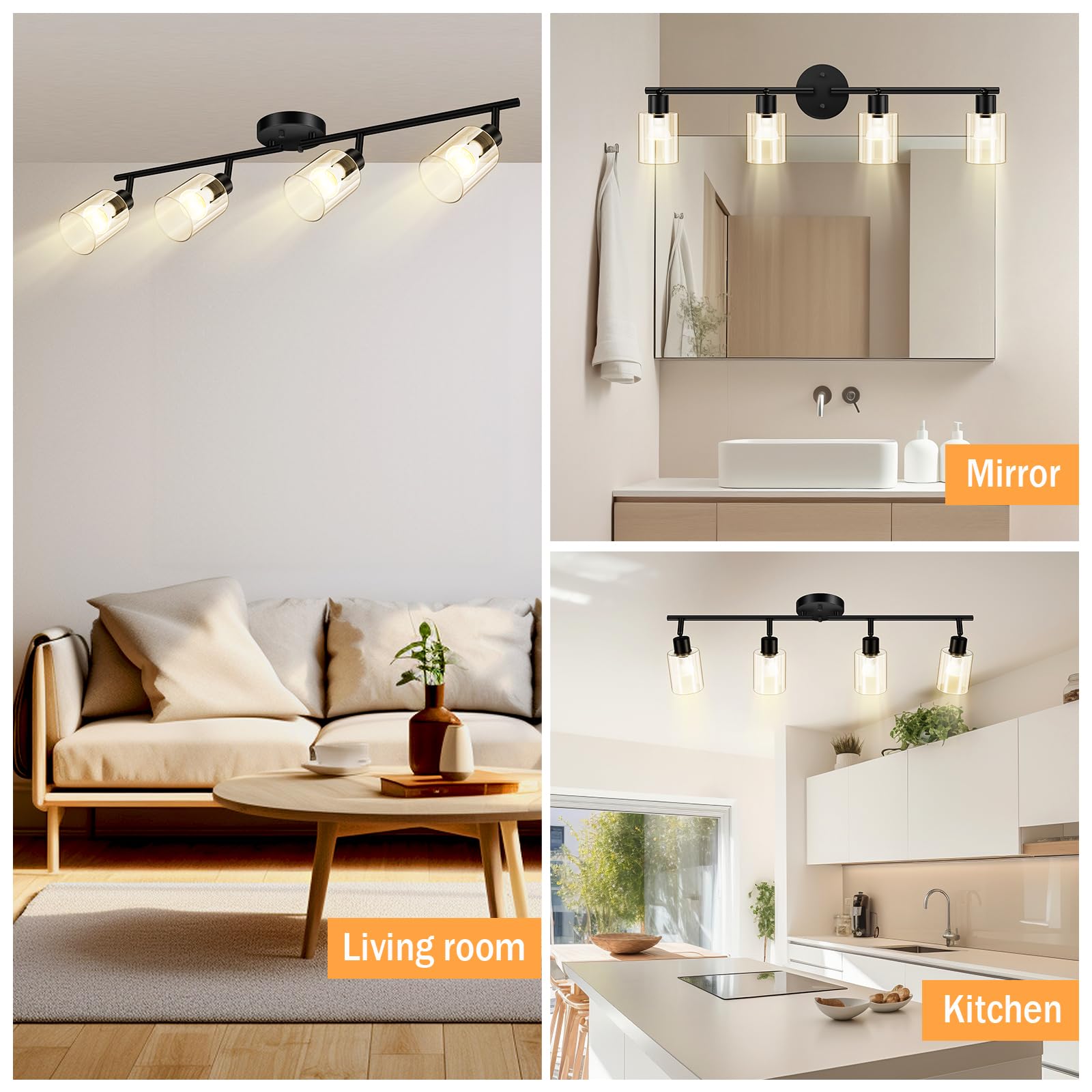 4 Light Led Track Light,Glass Lightshade Track Lighting Kits,4 Way Modern Ceiling Spot Lights for Kitchen,Dining Room,Bedroom,Hallway,Flexibly Rotatable Light Head,Black,Not GU10 Bulb