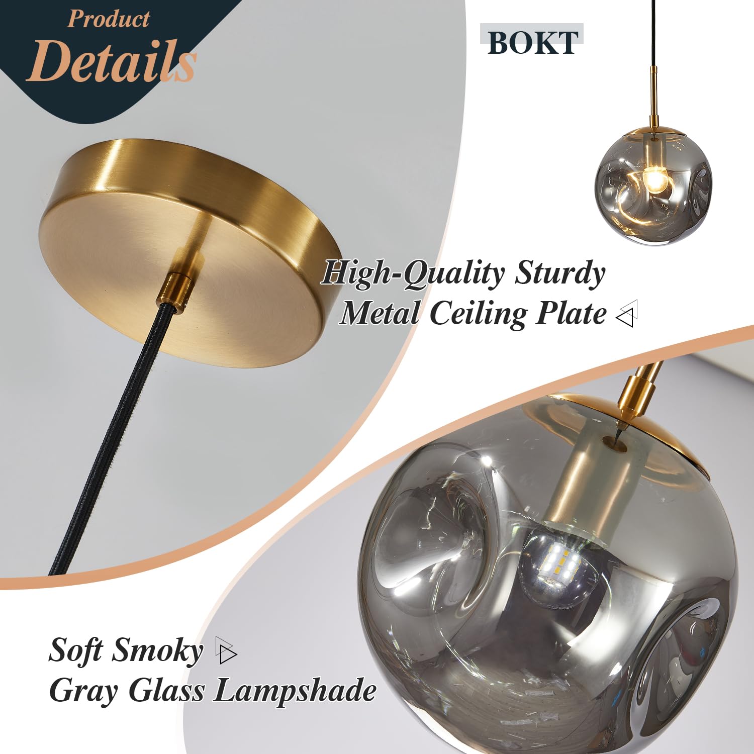 BOKT Modern Gold Kitchen Island Pendant Light Mid Century 3-Lights Globe Pendant Light Fixture Cluster Multi Light Pendant Lighting Bedside Glass Ball Pendant Lamp