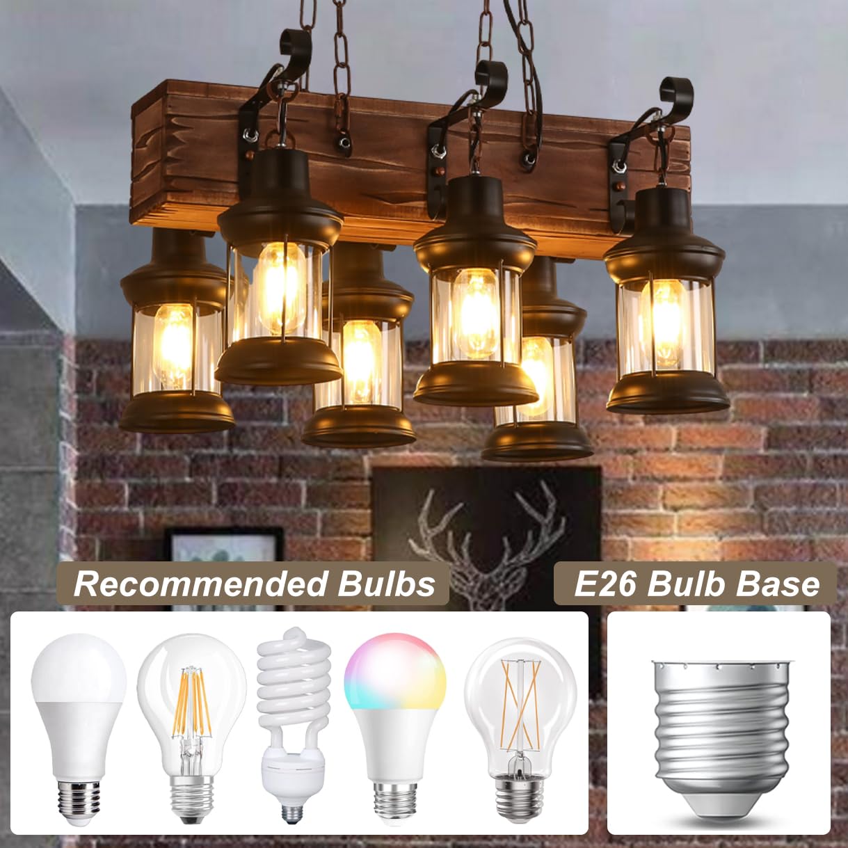 Rustic Chandelier Farmhouse Rustic Light Fixtures for Dining Room Kitchen Island, Industrial Wooden Hanging Lights Ceiling Light Fixture for Game Room Bar Coffee Pool Table (8-Light)