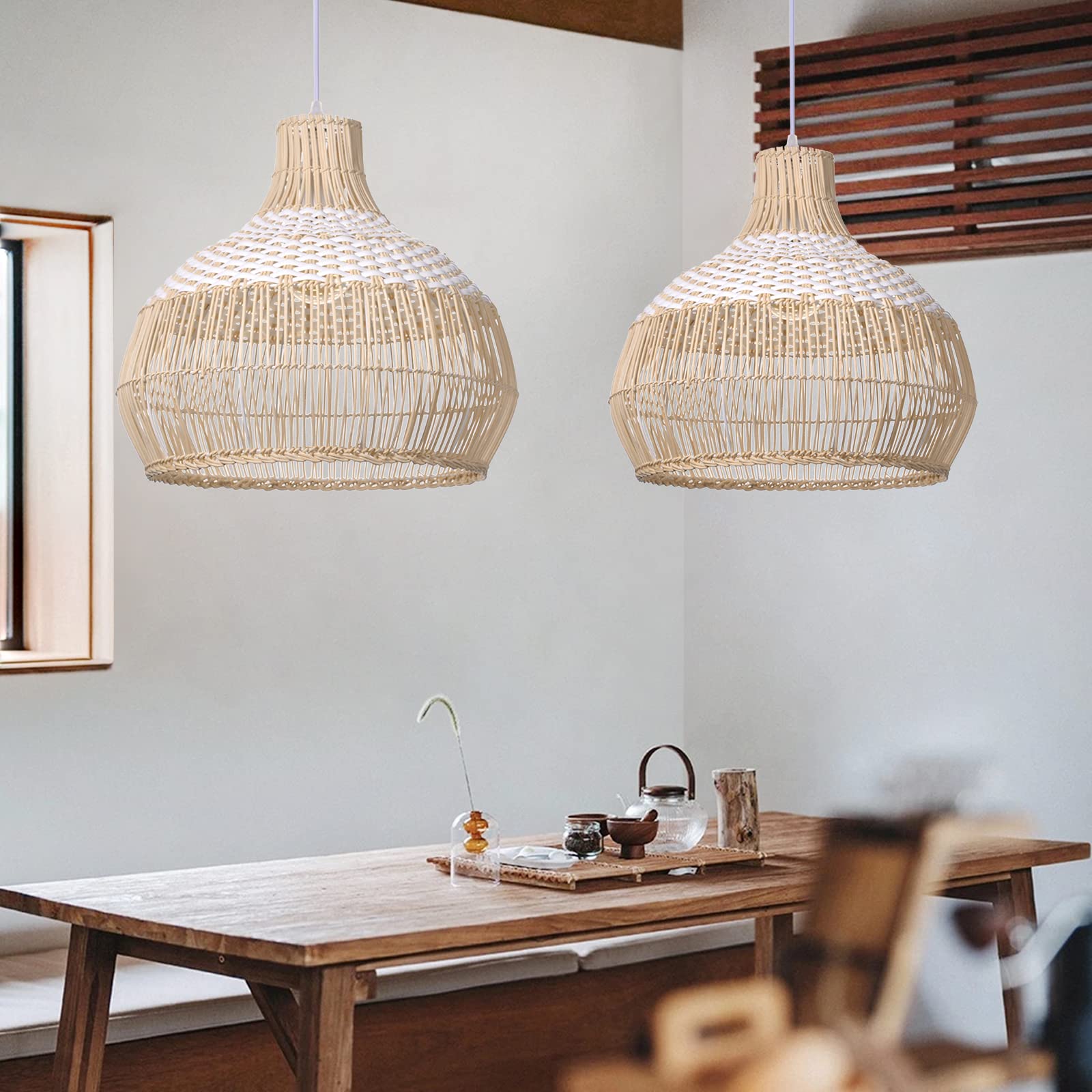 White Rattan Pendant Light, Farmhouse Coastal Wicker Hanging Ceiling Light Chandelier, Handmade Woven Lampshade for Kitchen Island