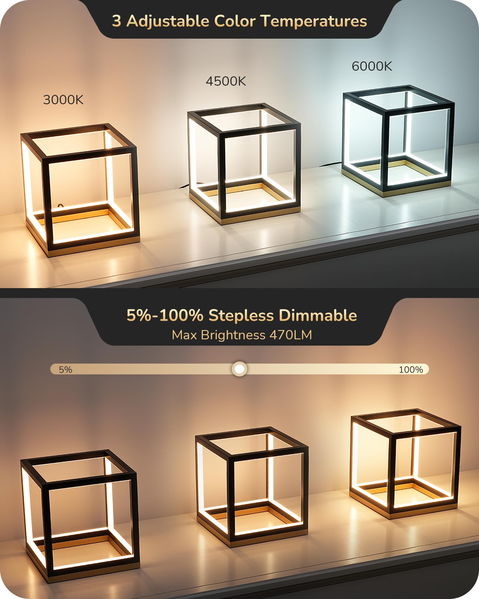 Modern LED Table Lamp, Minimalist Bedside Lamp with Solid Wood Base, 3 Way Dimmable, 3000K/4500K/6000K, 470LM, Black Gold Square Geometric Nightstand Lamp for Living Room, Bedroom, Office