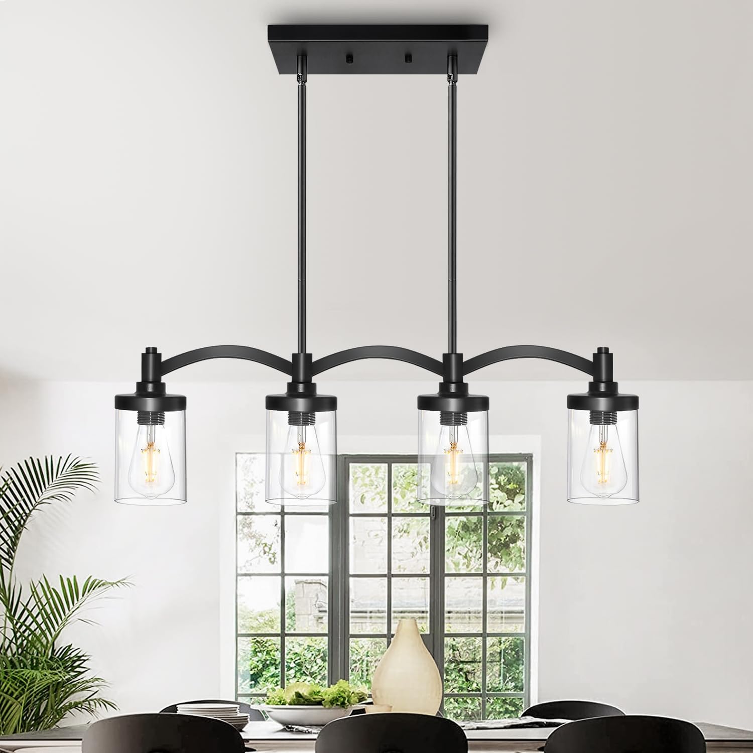 Kitchen Island Lighting, 4 Lights Dining Room Light Fixture, Modern Chandeliers for Dining Rooms Over Table, Linear Industrial Black Pendant Lights Kitchen Island with Clear Glass Shade