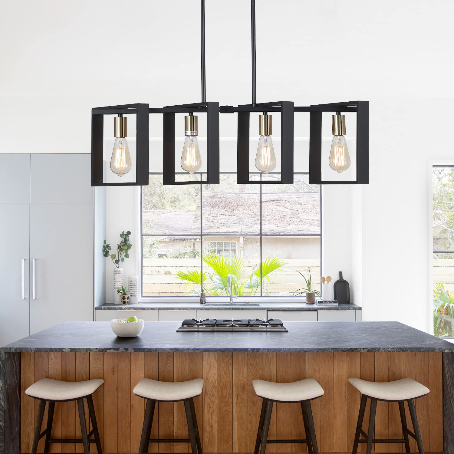 9MMML 3 Lights Kitchen Island Lighting, Modern Rectangle Linear Pendant Light, Black Frame+ Gold Socket Chandelier for Dining &Living Room Foyer Entryway Hallway,E26,Height Adjustable.