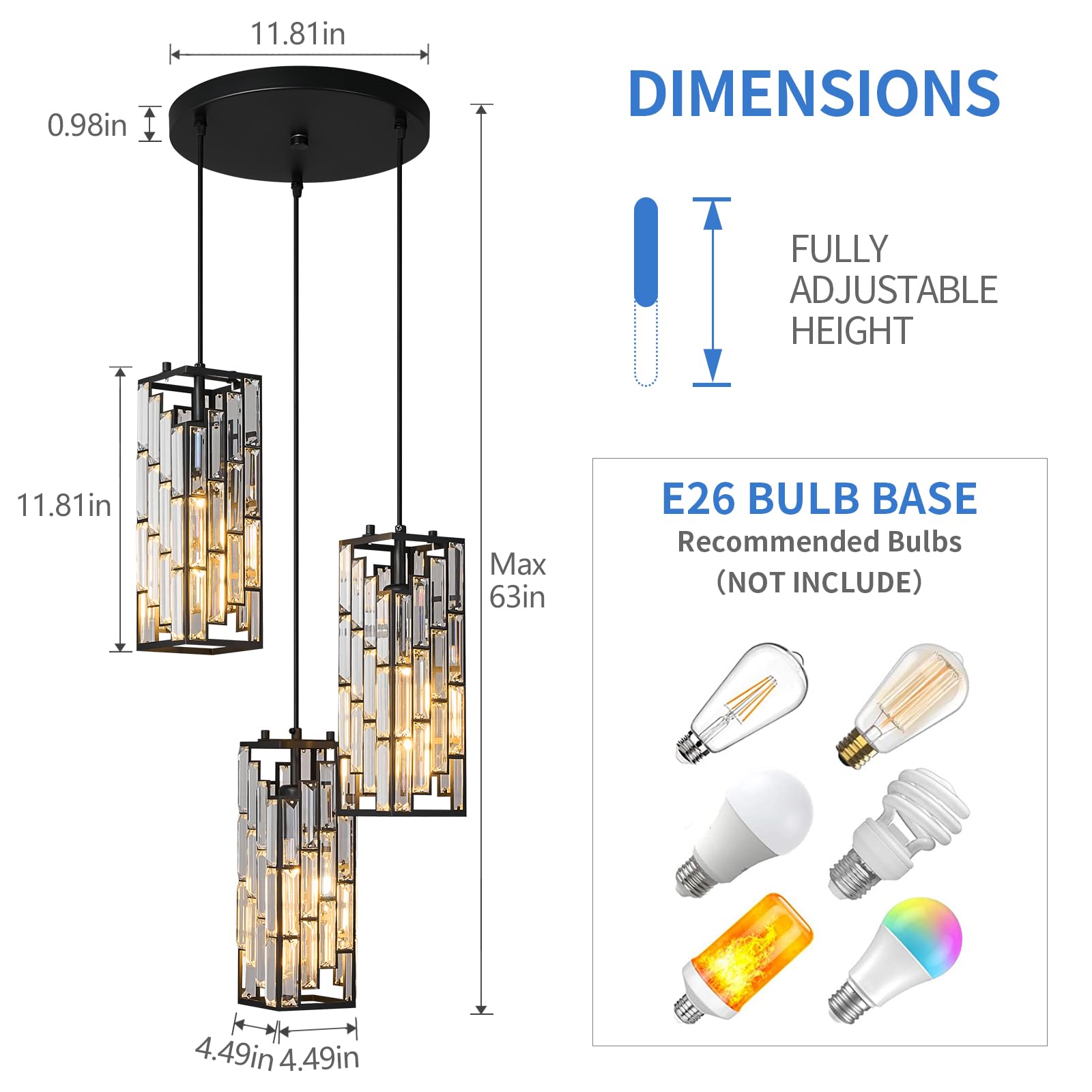 Gold Pendant Lighting Modern Pendant Light, Mini Crystal Chandeliers,Adjustable Pendant Light Fixture for Kitchen Island Dinning Room Bedroom (3 Pack)