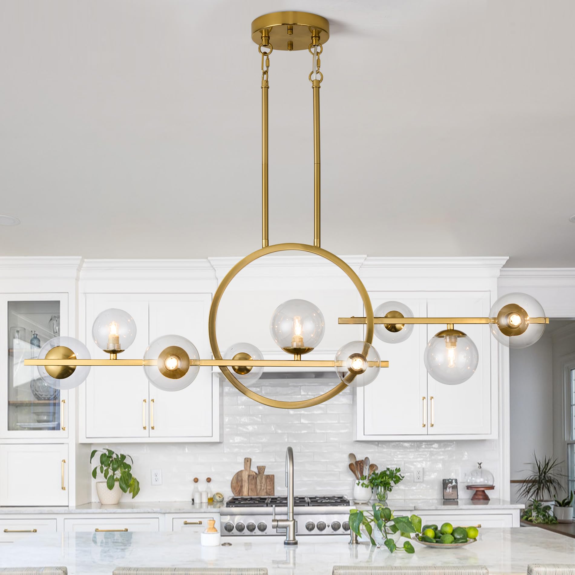 Modern Gold Chandelier for Dining Room Over Table Above Kitchen Island 9-Light Fixture Hanging Farmhouse Lighting Fixtures Ceiling Pendant Linear Chandelier with Clear Glass Globe Shade-Brushed Golden