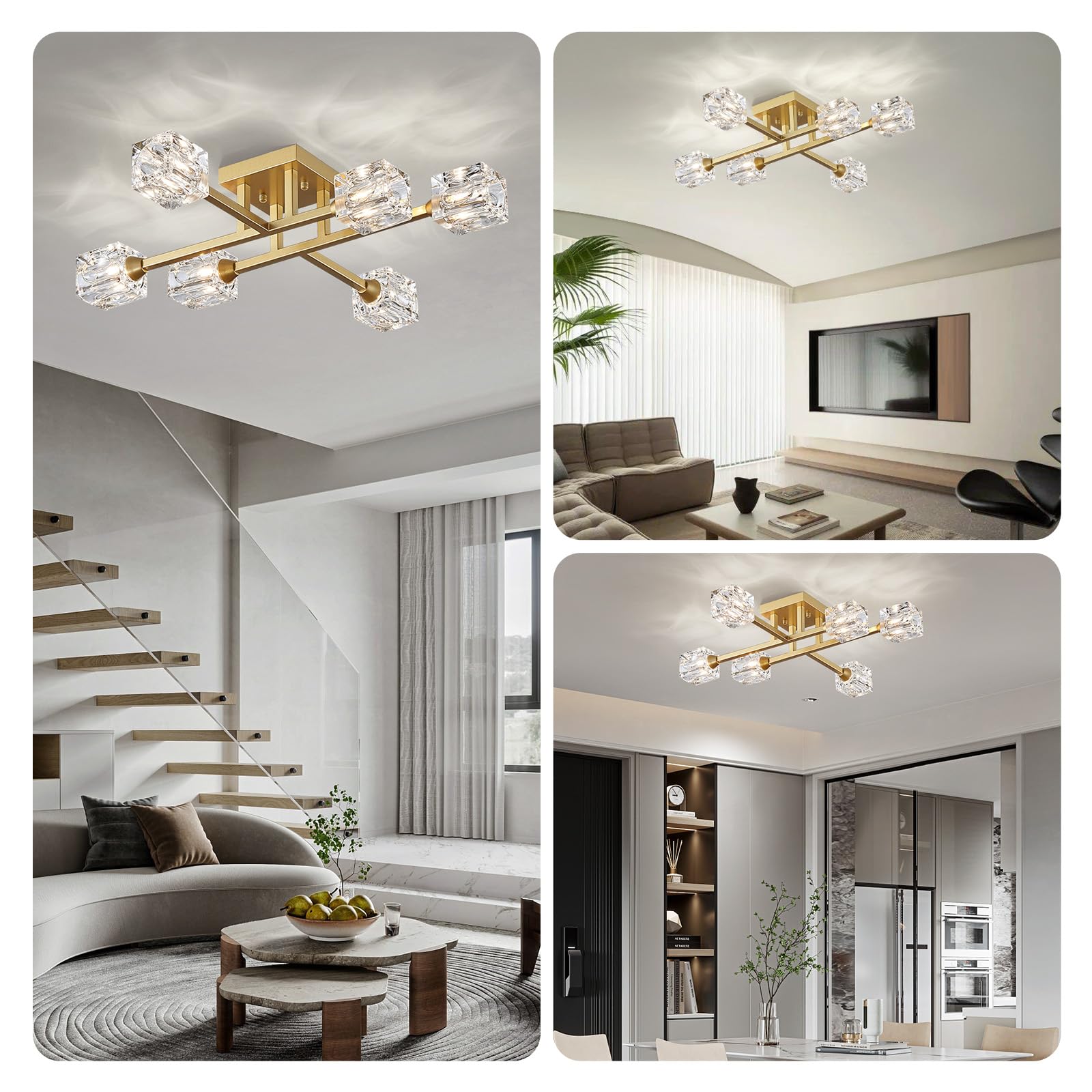 8-Light Semi Flush Mount Ceiling Light Fixture Modern Antique Gold Sputnik Chandeliers Fashion Lighting for Bedroom Dining Room Farmhouse Kitchen Office