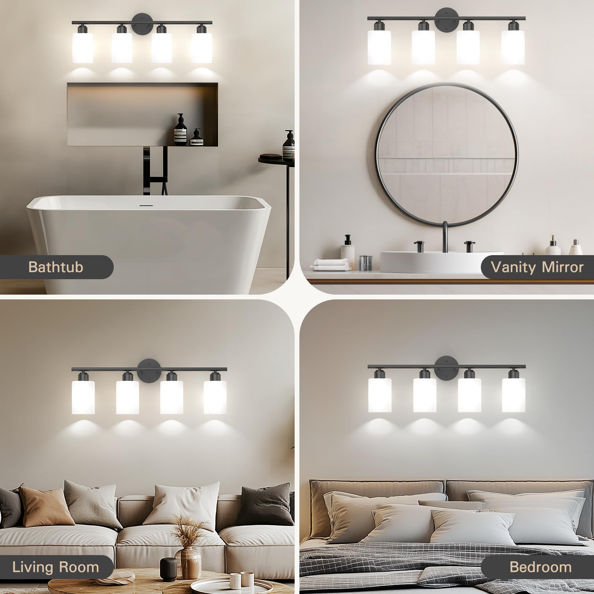 Bathroom Vanity Light Fixtures Matte Black Bathroom Lighting Fixture, 3 Lights Bathroom Light Fixture Over Mirror, Modern Black Vanity Light, UL Certified Wall Sconces with Glass Shades