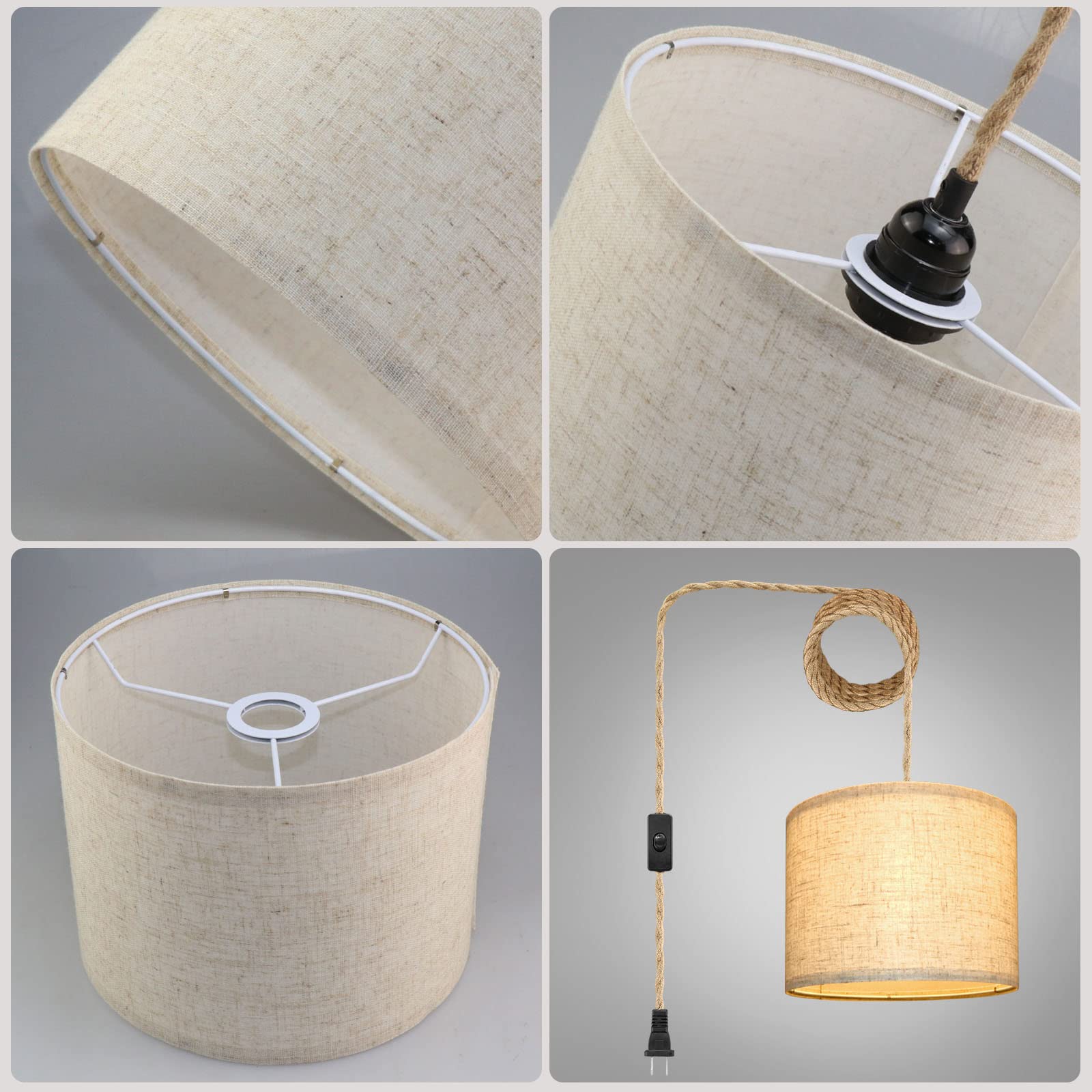 Plug in Pendant Light, Hanging Light with Plug in Cord with Dimmable Switch, Hanging Lamp with 15ft Hemp Rope, Beige Linen Shade, Hanging Light Fixture for Bedroom, Living Room 2 Pack