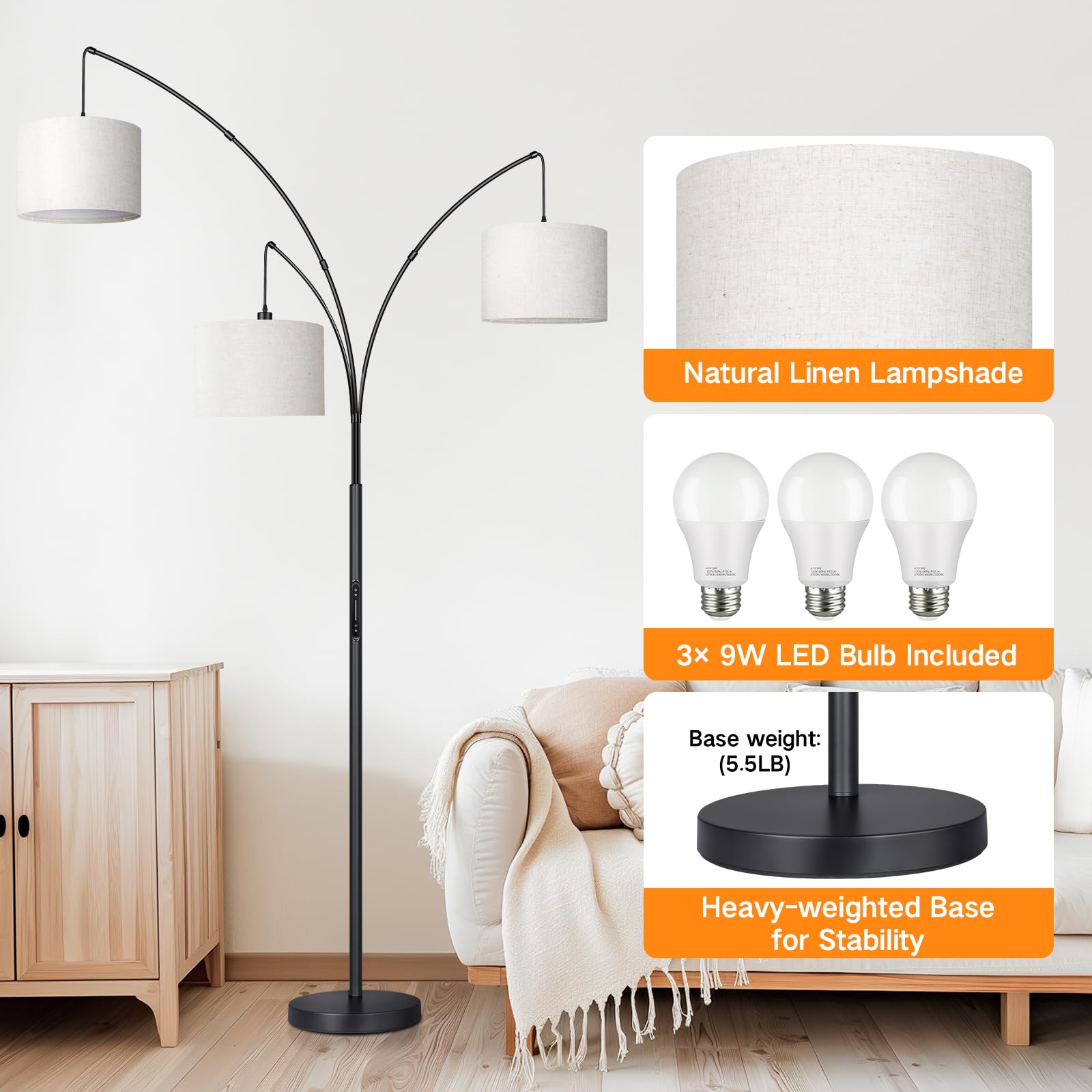 Arc Led Floor Lamp, Modern Black 3 Light Arched Tall Floor Lamp for Bedroom, 2400lm Mid Century Adjustable Standing Corner Lamps for Living Room Office, 3 LED Bulbs Included, Beige Lampshade