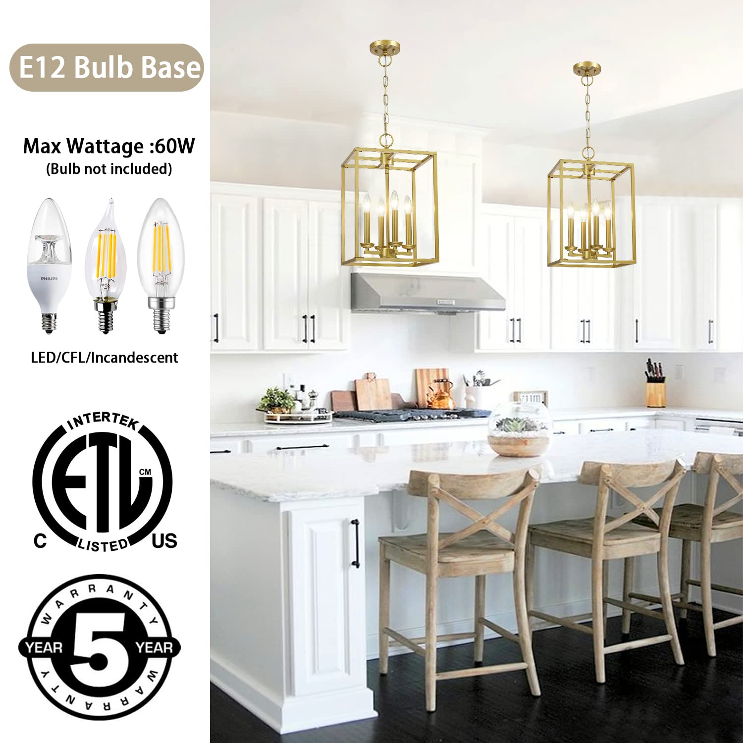 4-Light Gold Lantern Pendant Light, Square Geometric Lantern Chandelier with Adjustable Chain 12" Farmhouse Pendant Lighting for Kitchen Island Dining Room Entrance Foyer