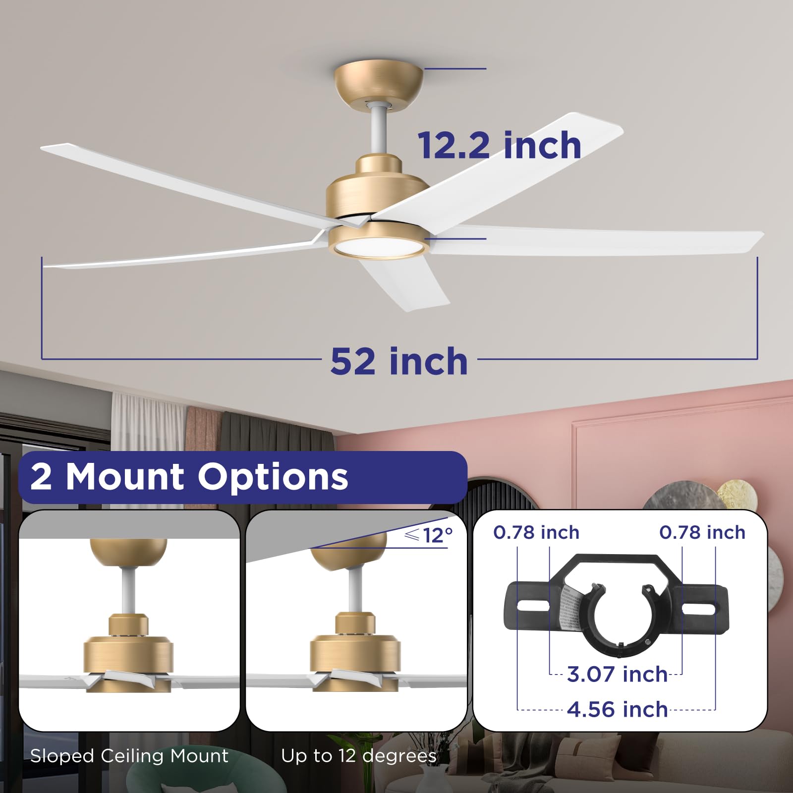 Ceiling Fans with Lights, 52 inch Black Ceiling Fan with Light and Remote Control, 3CCT, Quiet DC Motor, 5 Blades Modern Ceiling Fan for Living Room Farmhouse Bedroom