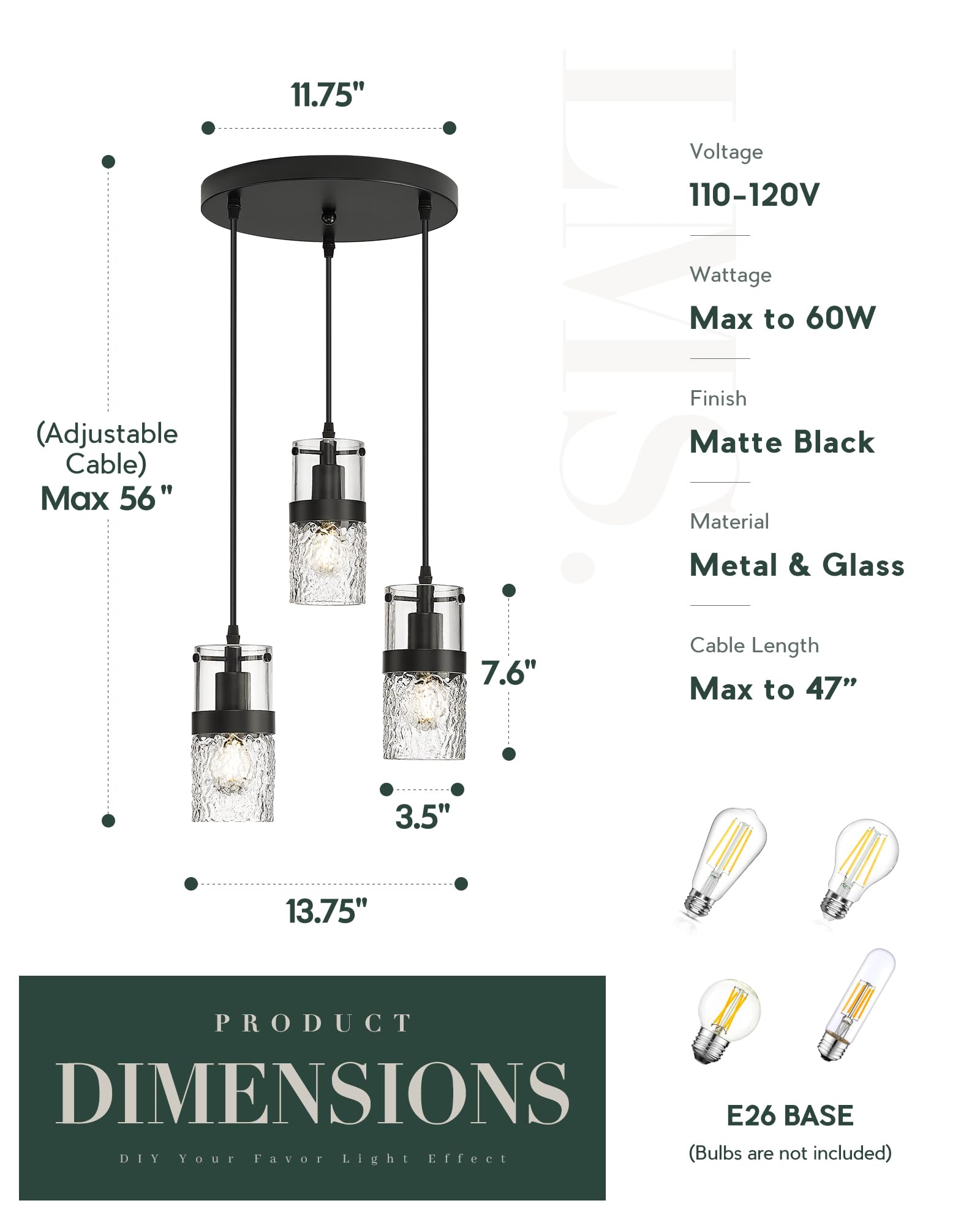 LMS 4-Light Island Lights, Farmhouse Light Fixtures with Hammered Glass Shade, Matte Black Linear Chandelier Pendant Lighting Over Table for Adjustable Height, Kitchen Island, LMS-171BK-4