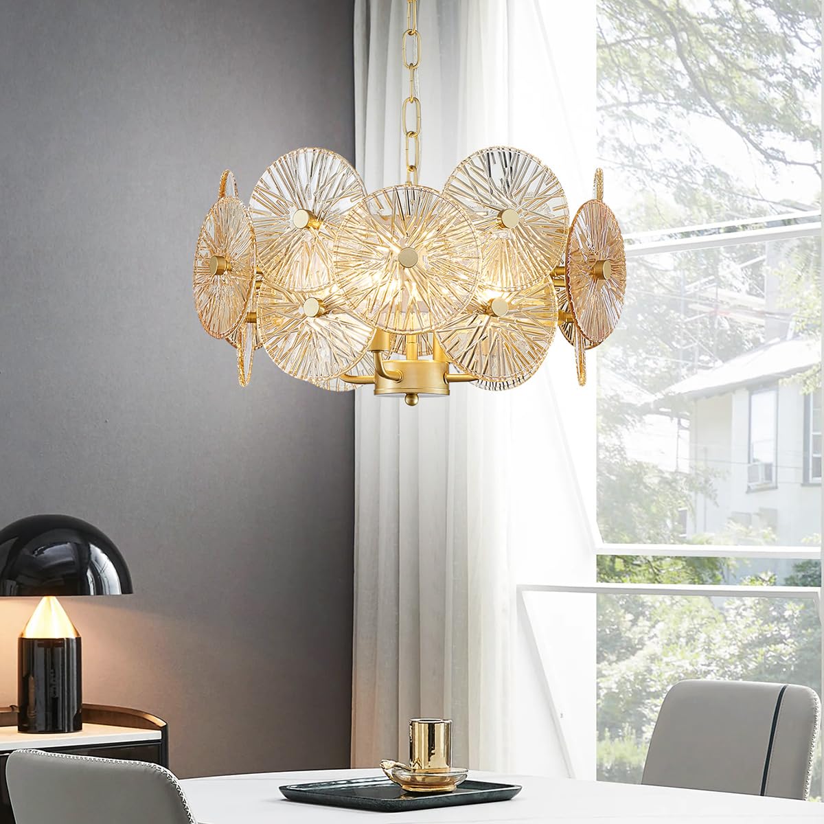 Dandelion Crystal Chandeliers, Modern Design, Firework Pendant Light Fixture for Living Space, H17'' x D17'', Adjustable Chains 59'', G9*9 Sockets, Brilliant Gold Finish Frame