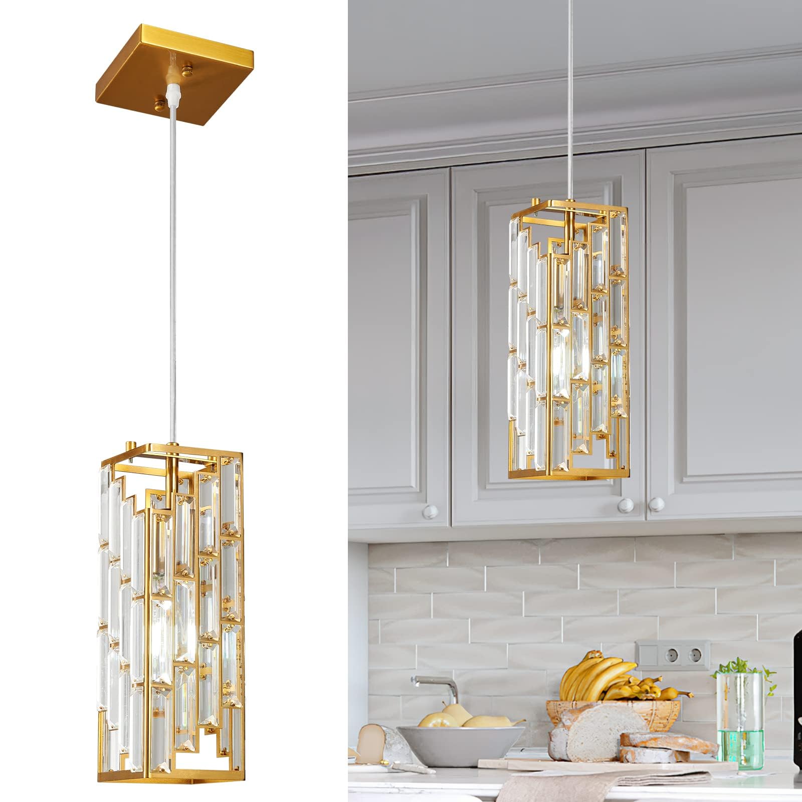 Gold Pendant Lighting Modern Pendant Light, Mini Crystal Chandeliers,Adjustable Pendant Light Fixture for Kitchen Island Dinning Room Bedroom (3 Pack)