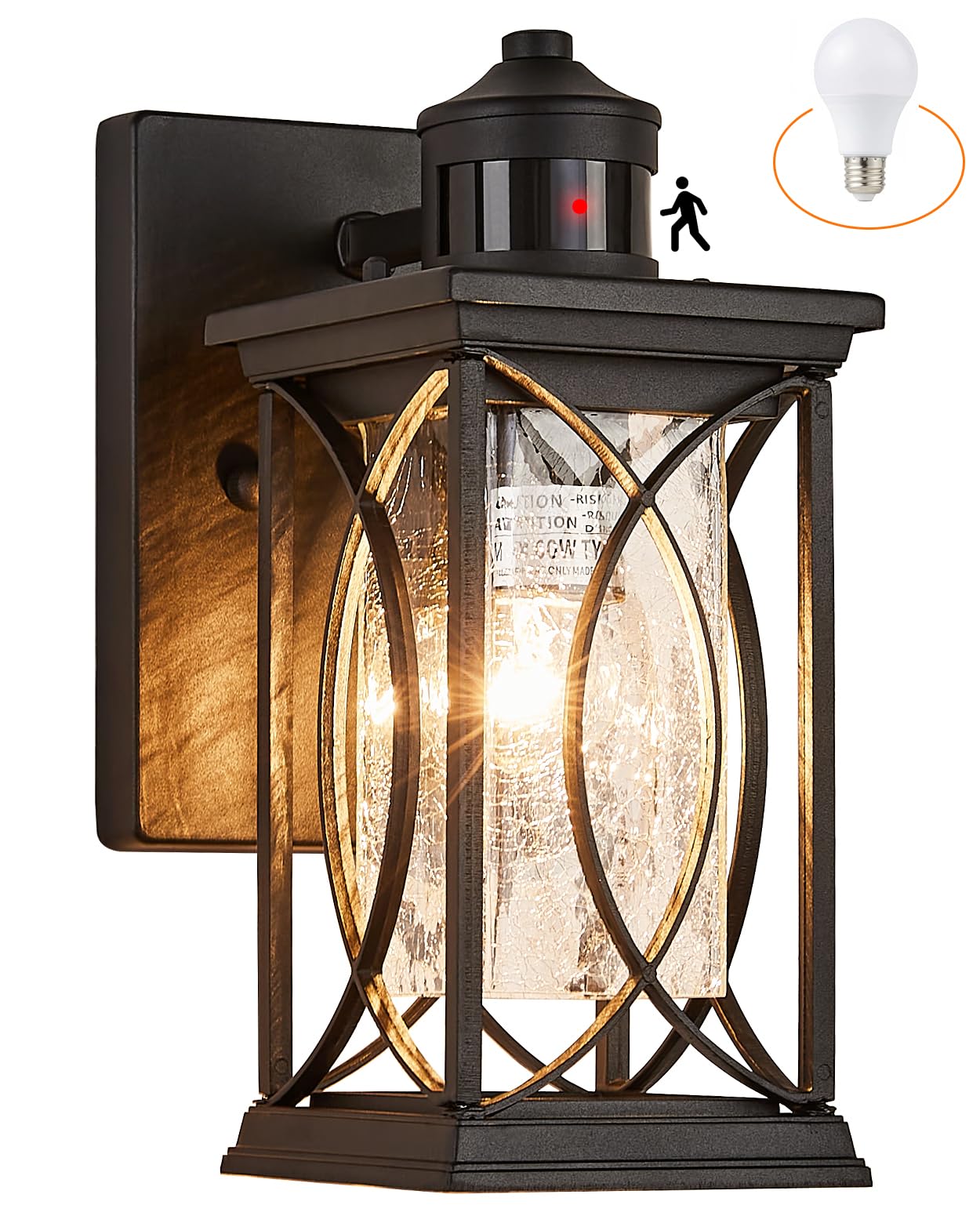 Outdoor Pendant Light Fixtures Dusk to Dawn Exterior Ceiling Hanging Lantern for Porch, Modern Black Outside Chandelier Light with Crack Glass for Front Door Porch Gazebo Foyer Entryway