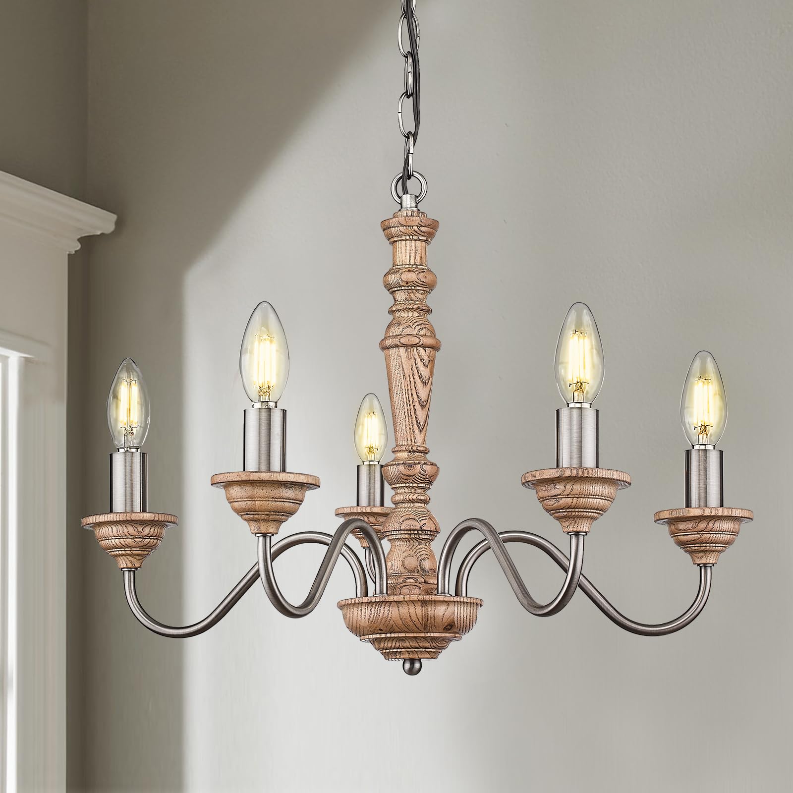 Chandelier, 21" Farmhouse Wood Chandelier, 5-Light Rustic Candle Pendant Light Fixtures for Dining Room,Living Room,Kitchen,Bedroom, LED Bulb Included, Handmade Distressed White