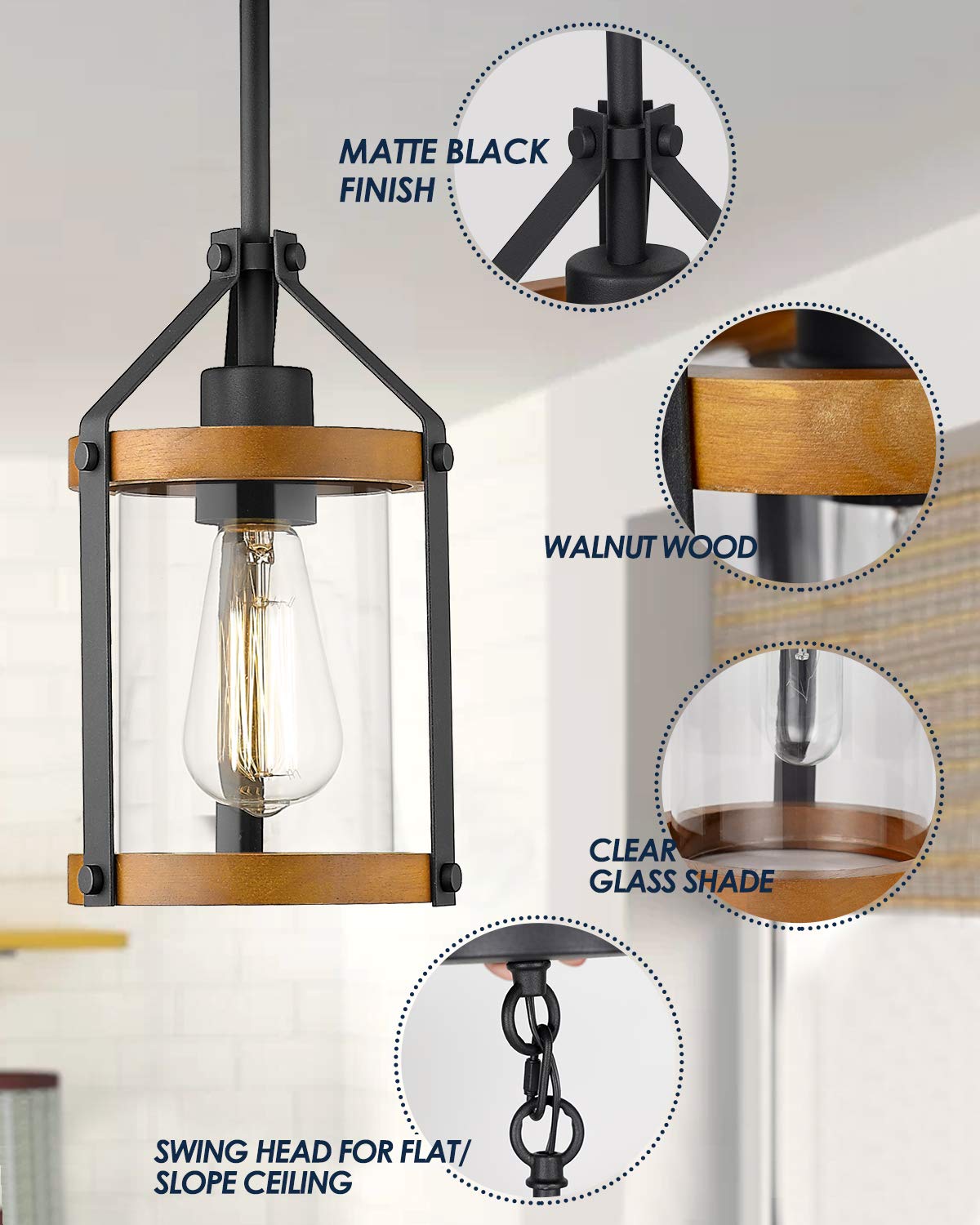 Pendant Light Fixtures, Farmhouse Wood and Glass Pendant Lighting for Kitchen Island, Rustic Length Adjustable MD89437