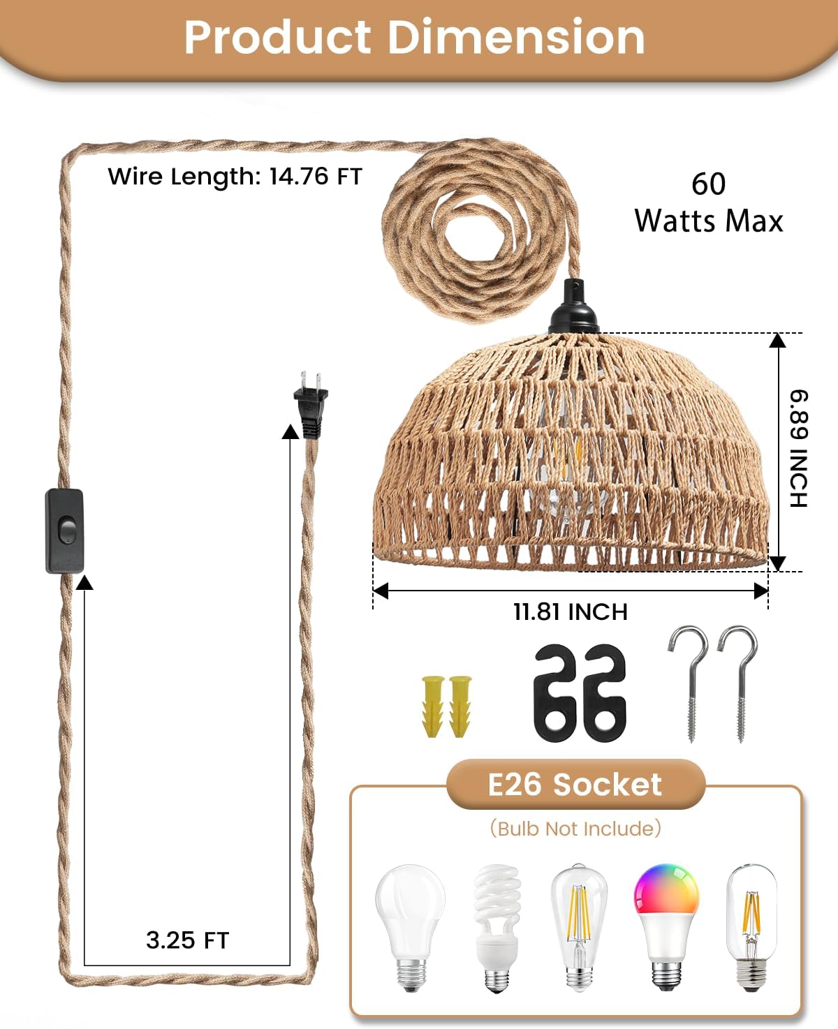 Rattan Hanging Lamp,Boho Pendant Lights,Plug in Cord Hanging Rattan Light,Plug Into Wall Outlet Pendant Light Fixture On/Off Switch for Living,Dinner Room,Bedroom,Kitchen,for E26,without Bulb