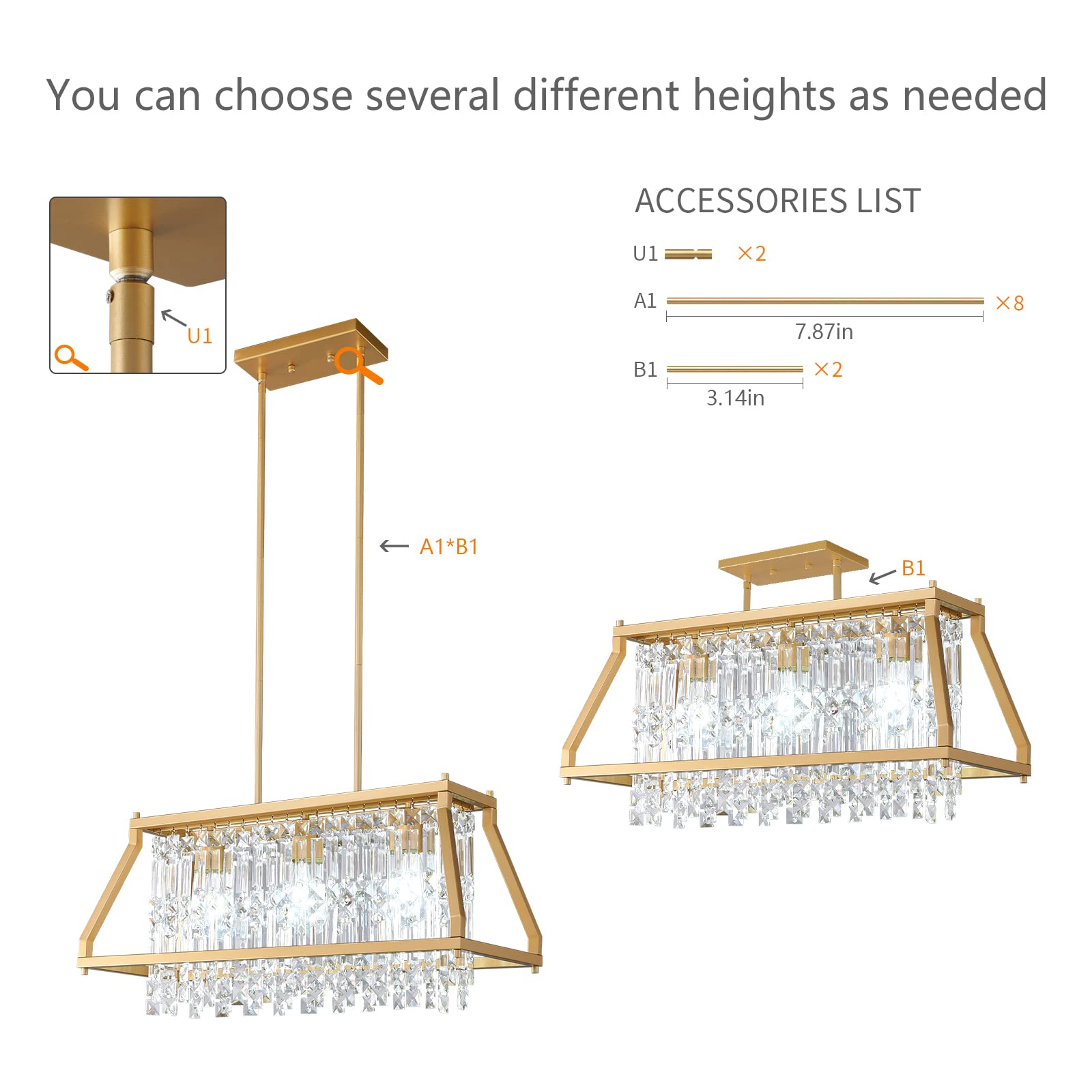 4-Light Dining Room Light Fixture 11.81 inch Square Lndustrial Farmhouse Chandelier Gold Metal Crystal Pendant Light for Kitchen Island Dining Room Living Room Flat and Inclined Ceiling