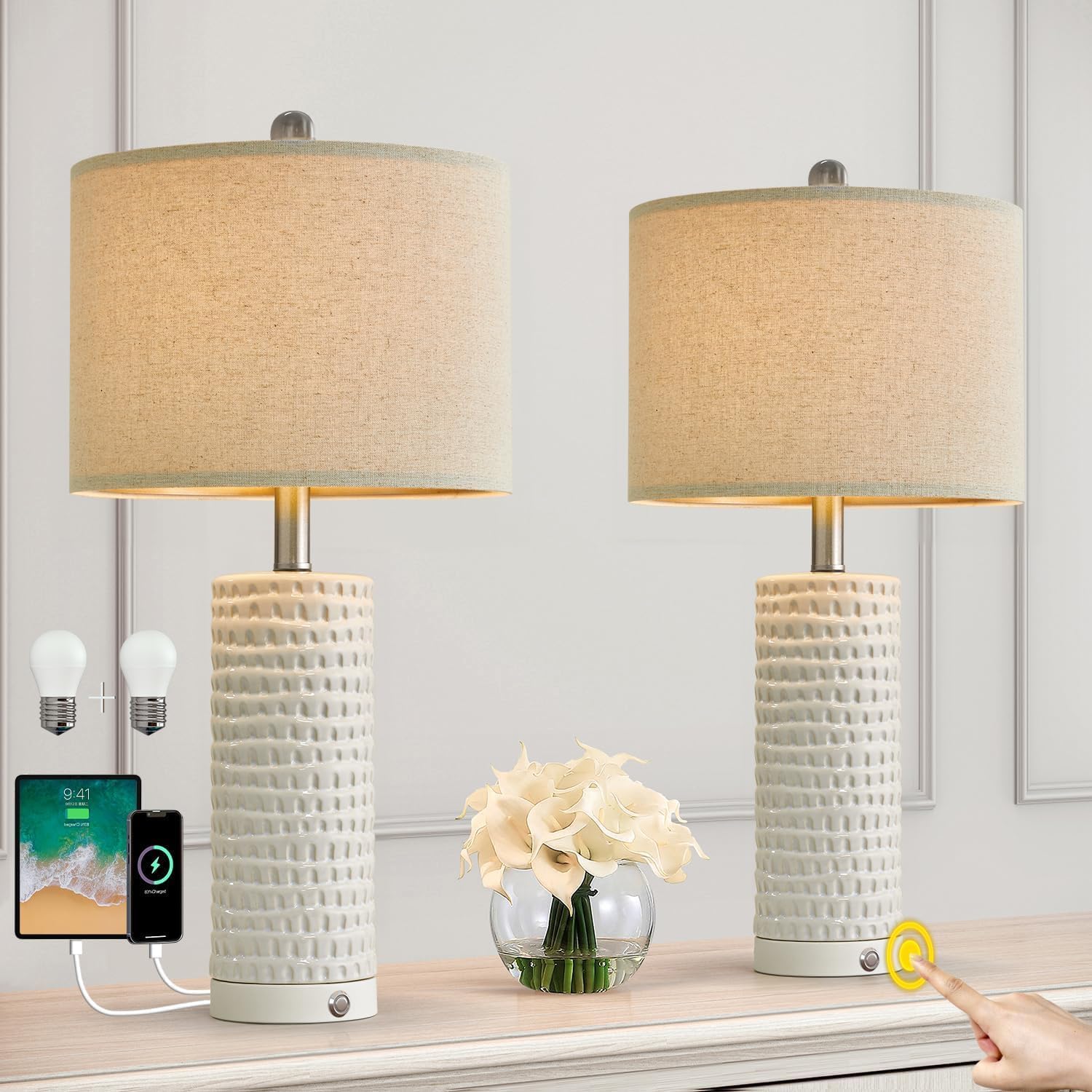 24" Farmhouse Ceramic Table Lamp Set of 2 for Bedroom Living Room White Desk Decor Bedside Lamps for Study Room Office Dorm Modern Accent Nightstand Lamp End Table Lamps