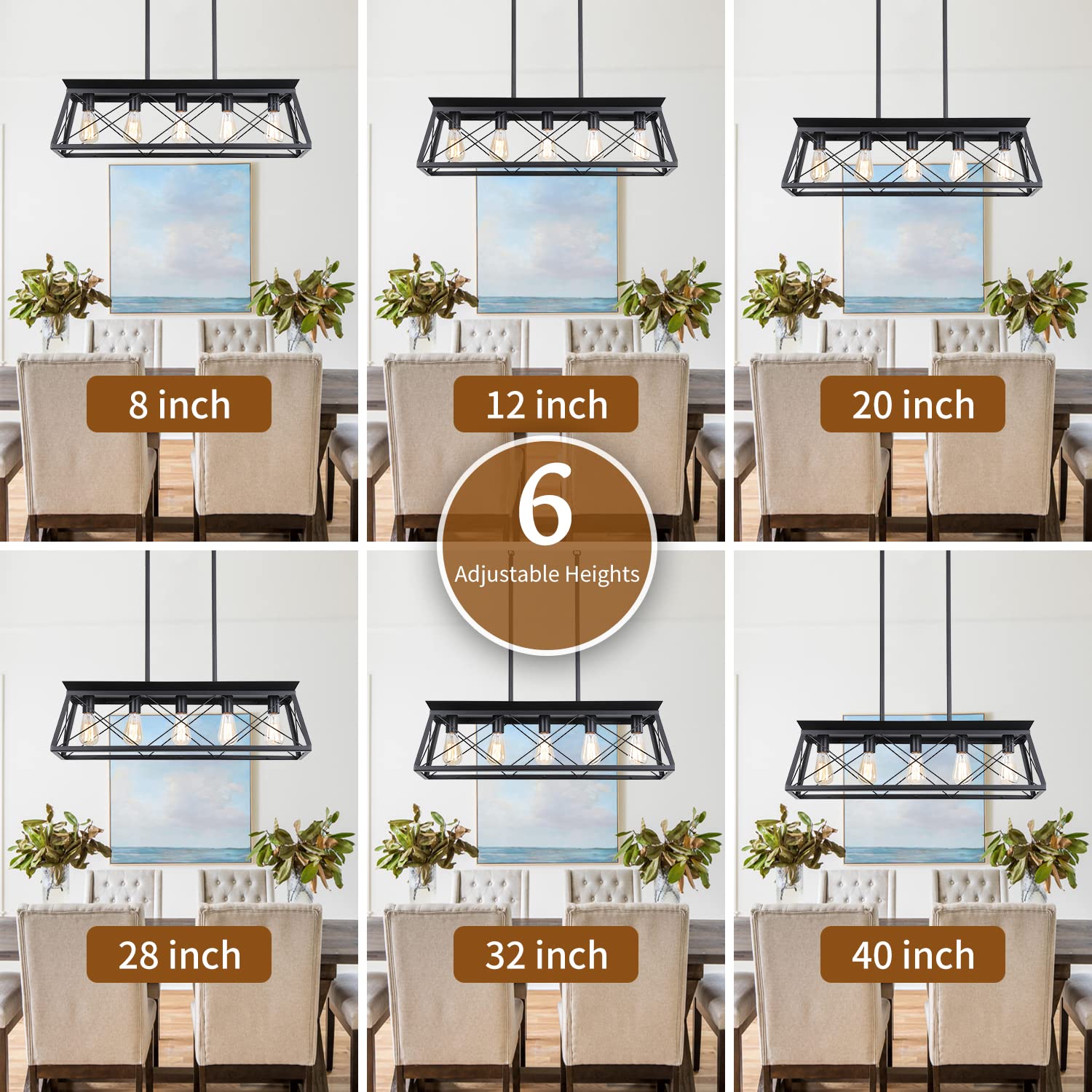 Farmhouse Chandeliers for Dining Room, Rustic Kitchen Island Light Fixture, 5-Light Linear Pendant Lighting Rectangular Chandelier, Metal Solid Ceiling Lights Black